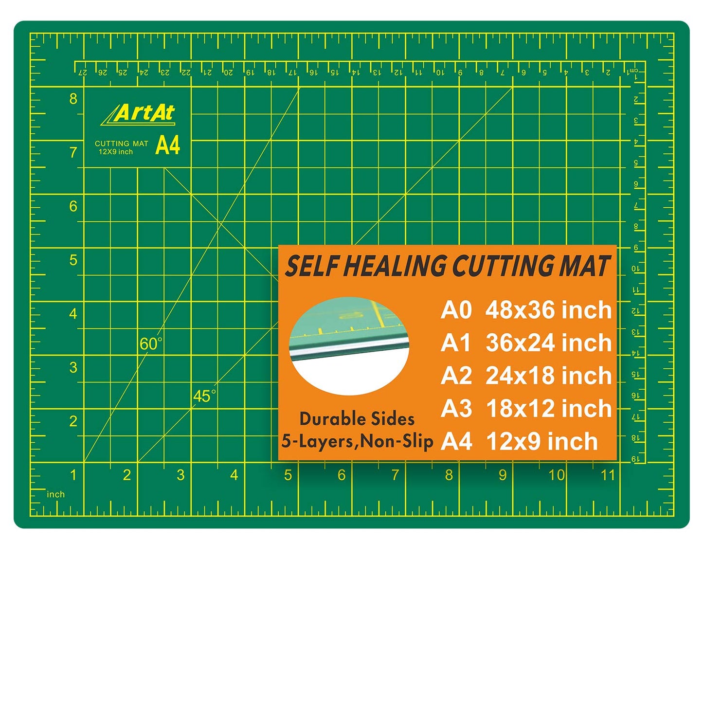 ArtAt Self Healing Cutting Mat: 9"x12" Non-Slip PVC Double Sided 5-Ply A4 Art Craft Rotating Mat, Rotary Cutting Mat for Quilting, Sewing Crafts Hobby Fabric Precision Scrapbooking Project Gr