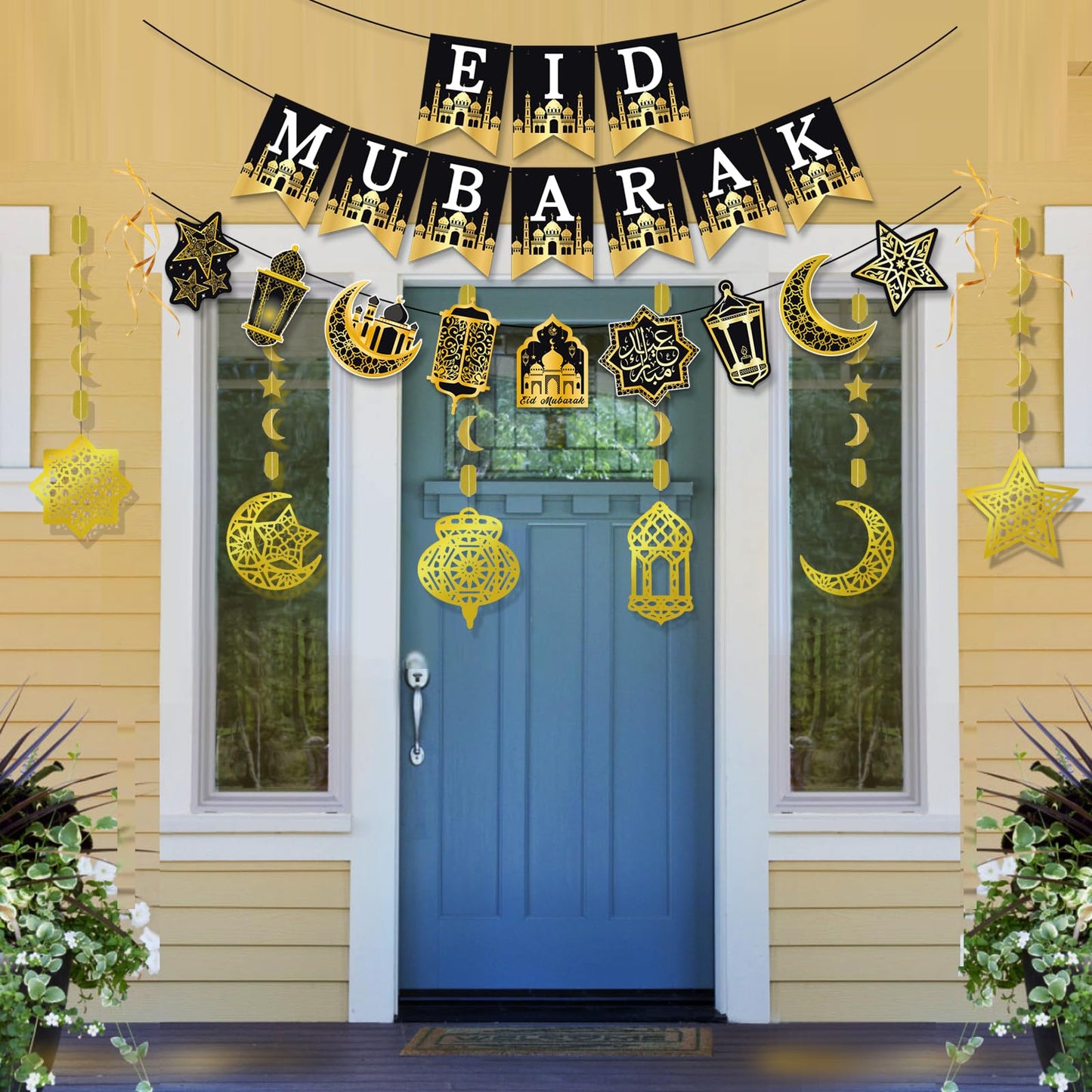 AhfuLife Ramadan Mubarak Decorations, Eid Decorations for Home - Preassembled Ramadan Eid Mubarak Banners, 16 Pcs Eid Balloons, 6 Pcs Islamic Star Moon Lantern Garland Streamer, 10 Pcs Cupcake Toppers