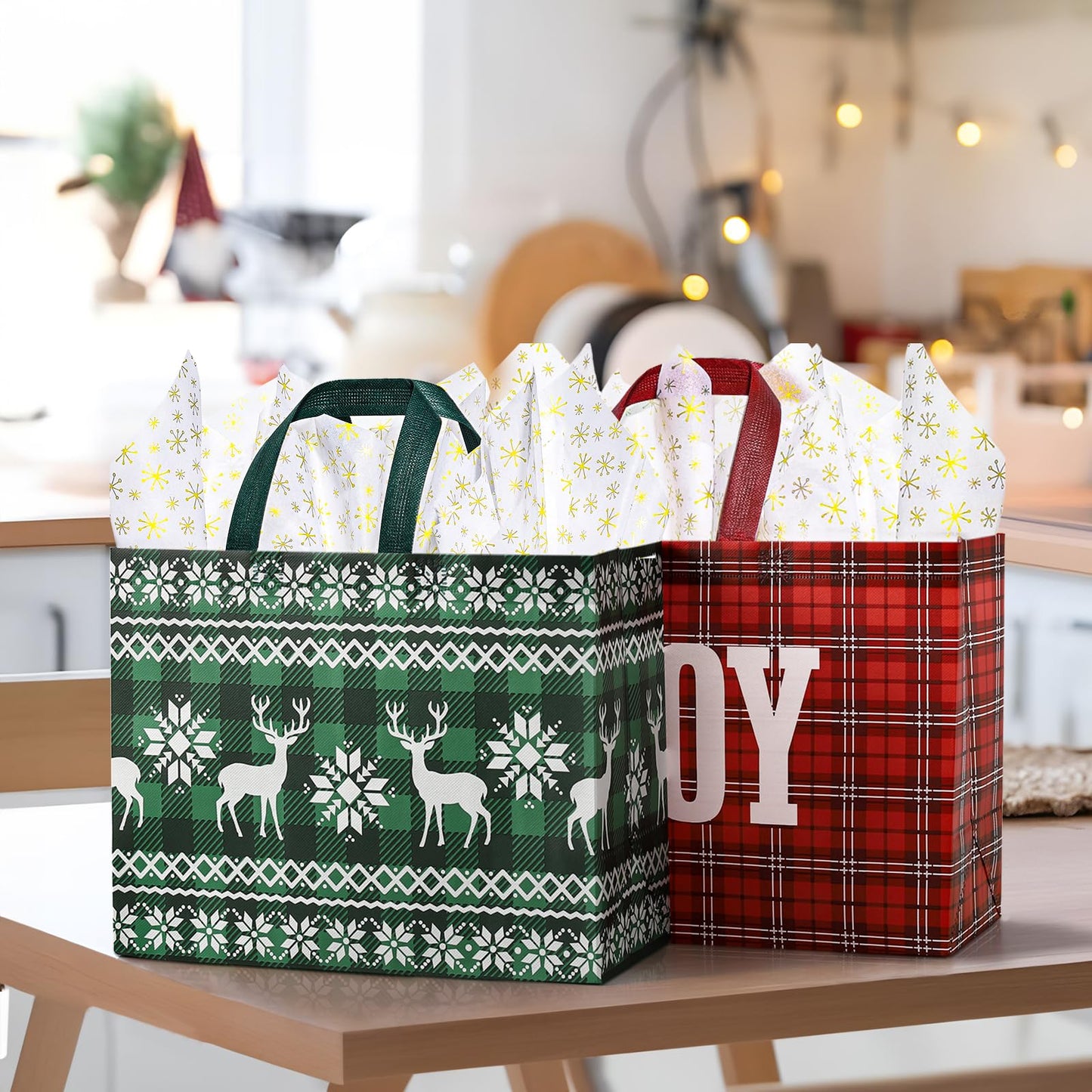 2 Pack 13" Large Christmas Gift Bags with Tissue Paper, Reusable Christmas Tote Bags with Handles, Non-Woven Holiday Gift Bags for Xmas Gift Wrap/Party Favor Supplies, 12.8"*10.2"*6.3"