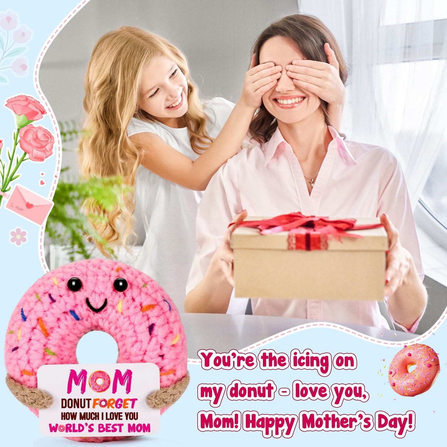 BuiltFit Mom Gifts for Mothers Day - Funny Mother's Day Birthday Handmade Crochet Donut Gift for Mom Mama Mother Mommy from Daughter Son Best Mothers Ever Gifts