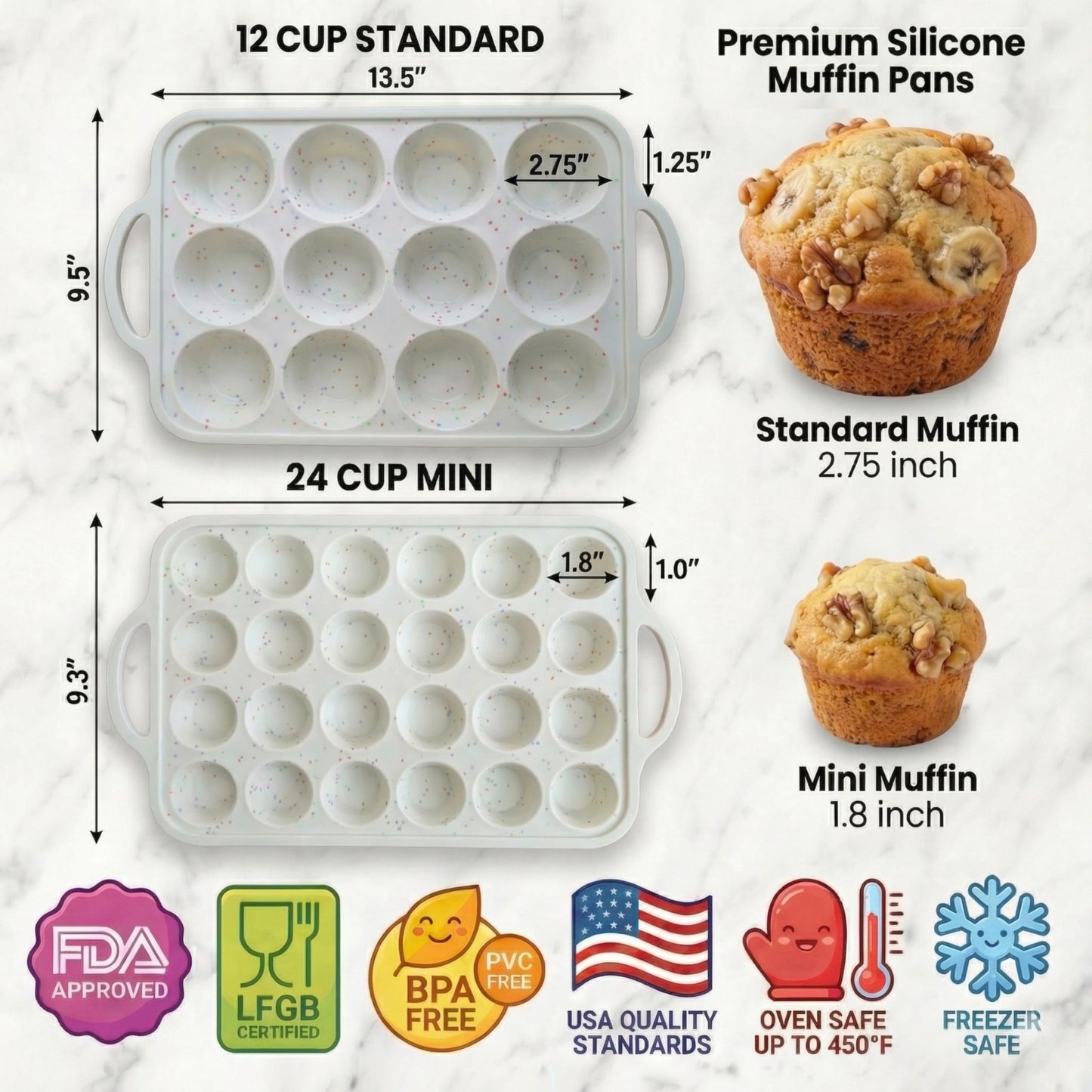 2-Pack Silicone Muffin Pan Set – Regular 12 Cup & Mini 24-Cup Silicone Muffin Pans for Baking – Nonstick Silicone Cupcake Pan with Metal-Reinforced Handles – BPA-Free, Dishwasher-Safe, Cream