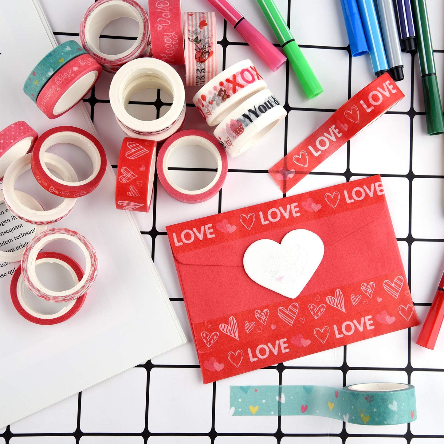 20 Rolls Valentines Washi Tape Set, Pink Heart Washi Tape 8MM/15MM Wide Love Craft Tape Valentines Gift Wrapping Tape for DIY Valentine's Day Greeting Card, Holiday Party Supplies