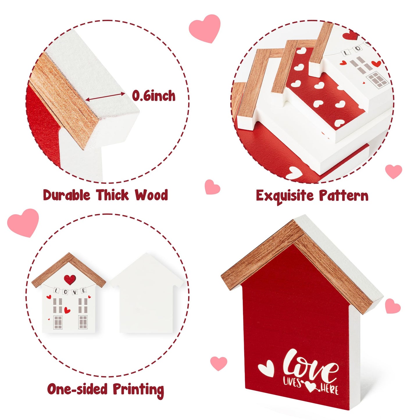 4PCS Valentine House Shaped Wooden Tiered Tray Sign Table Decor, Happy Valentine's Day Tabletop Wood Centerpiece, Romantic Sweet Love Shack Decoration for Wedding Engagement Party