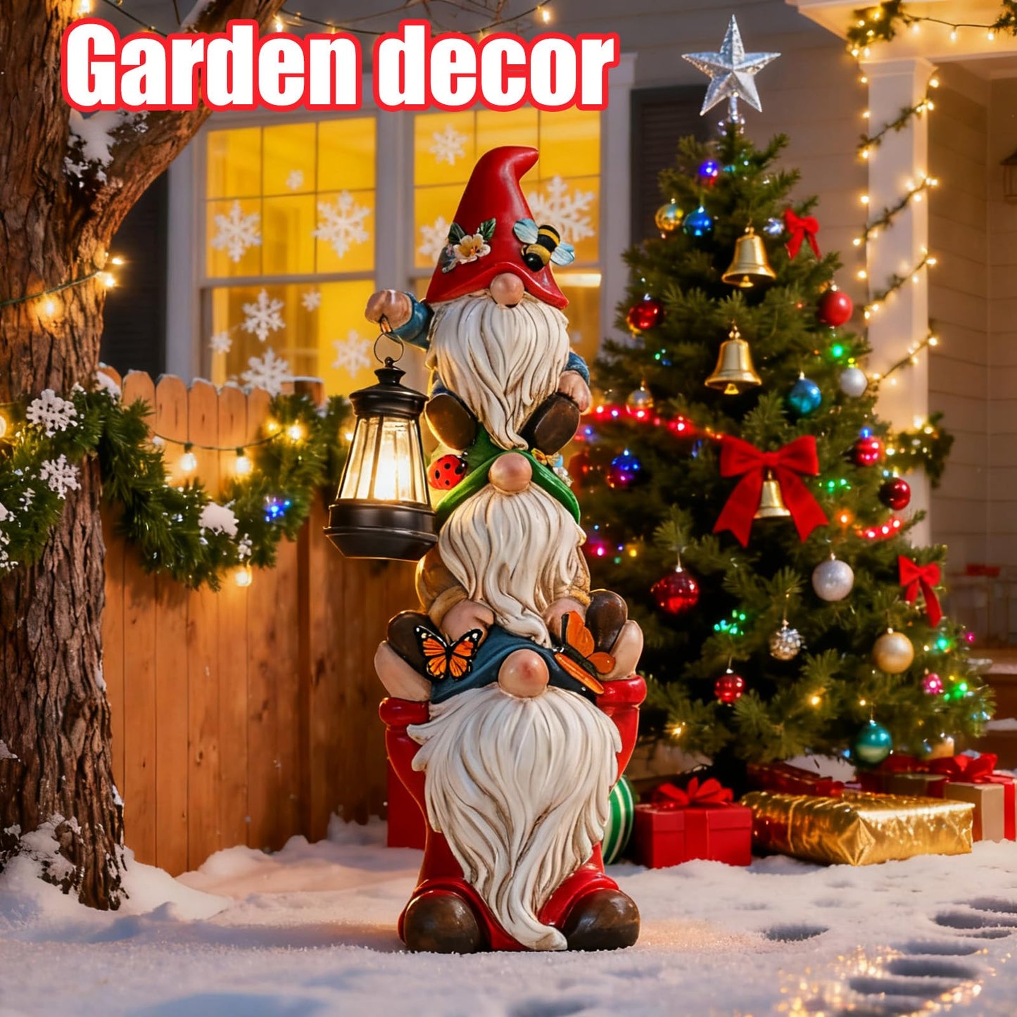 Christmas Gnome Statue with Solar Lights Garden Sculptures Funny Triple Gnome Outdoor Patio Lawn Yard Balcony Home Decor Birthday Gift for Woman Grandma 12 in Garden Gnome