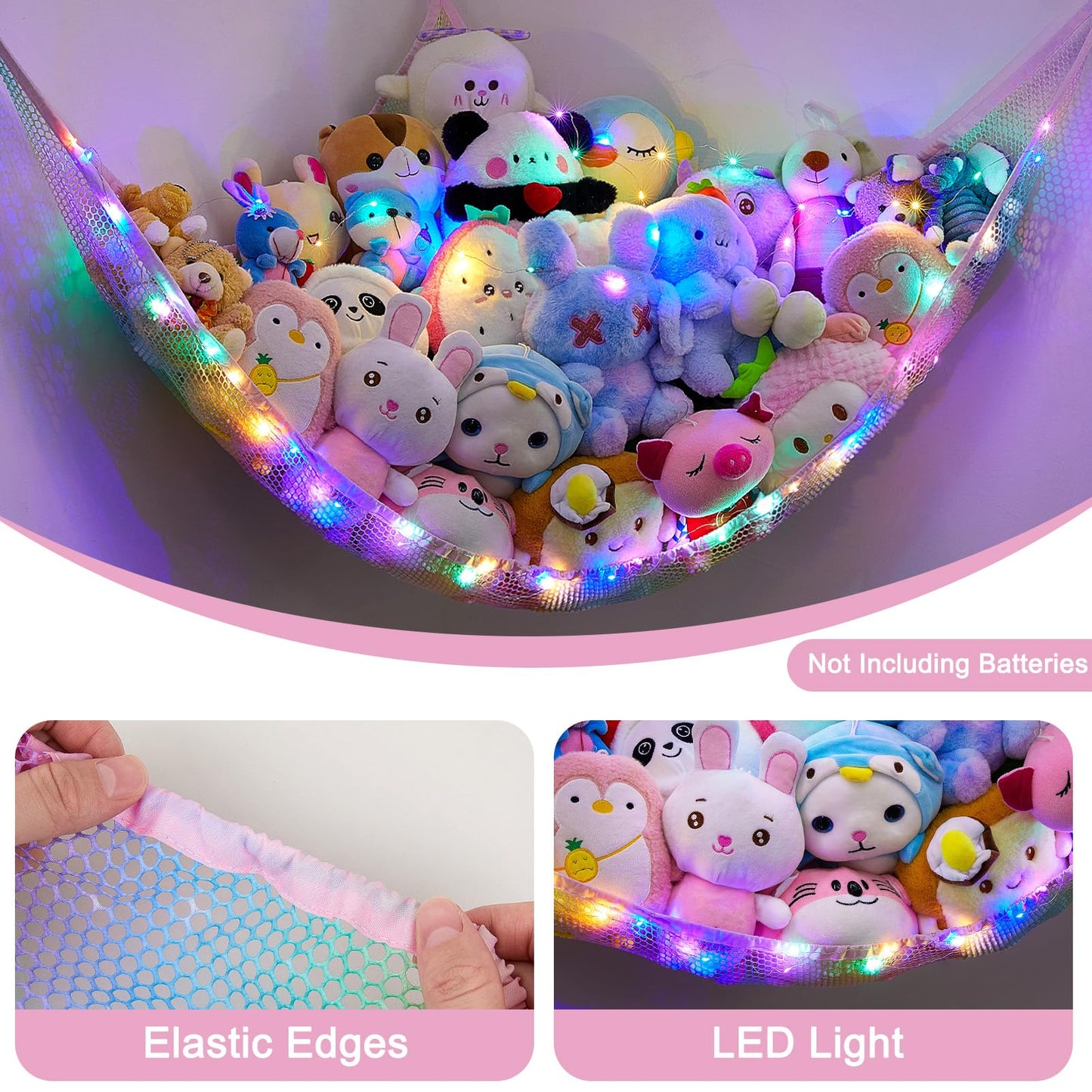 Castle Stuffed Animals Net or Hammock Kids Toy Storage Organizer with LED Light Hanging Corner Stuffed Animals Holder Kids Girls Room Decor(Pack of 1)