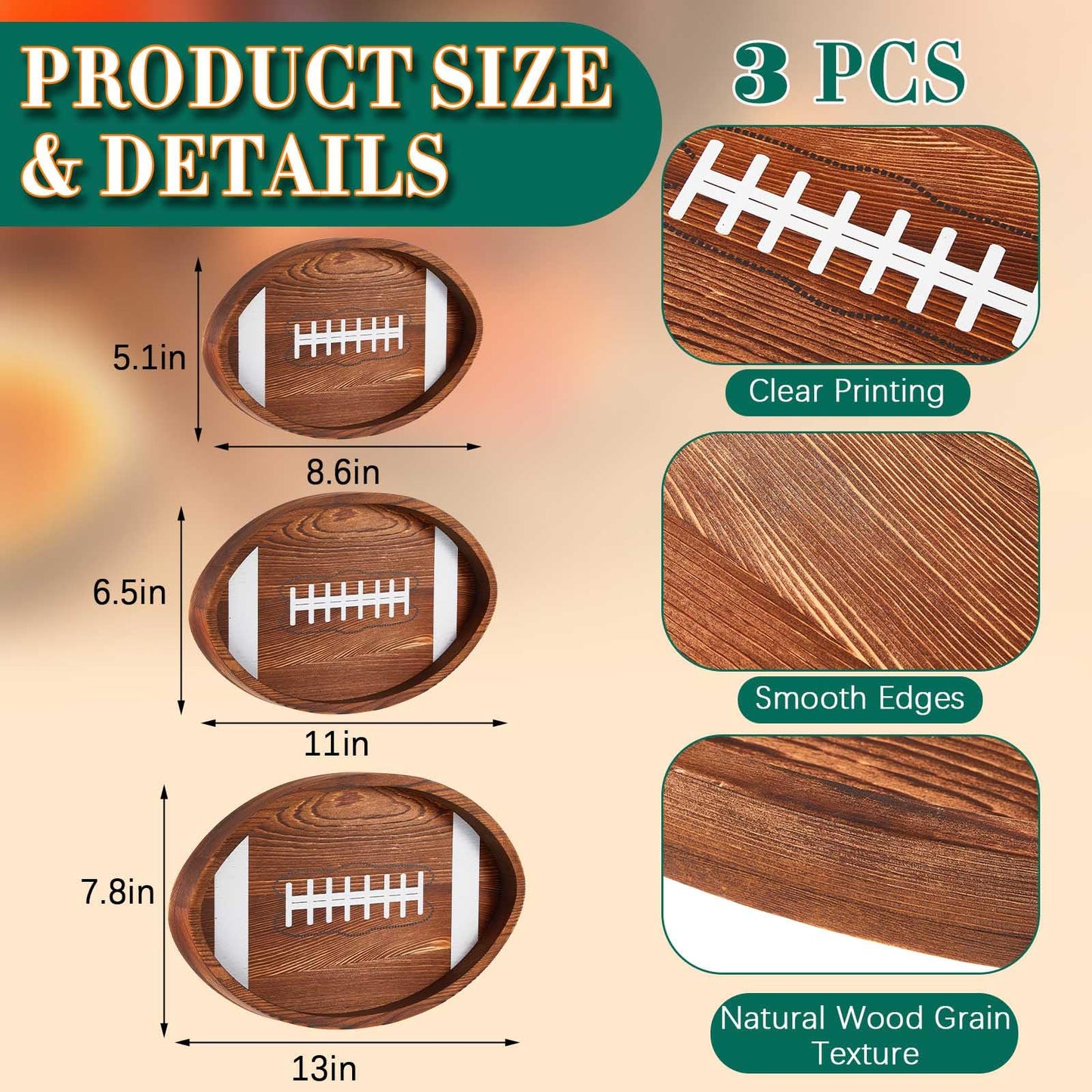 3 Pcs Football Serving Trays and Platters Wooden Shaped Football Plates Soccer Serveware Tailgate Party Serving Platter for Game Party Decorations, 13'', 11'', 8.7''