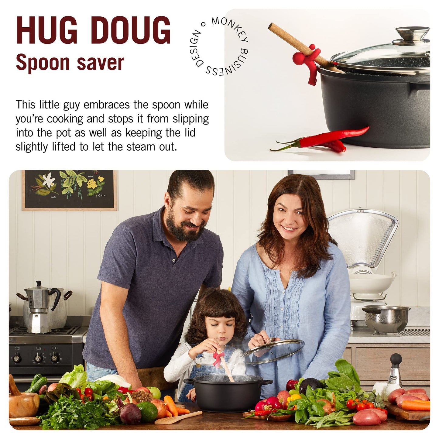 Monkey Business Spoon Saver - Hug Doug Silicone Spoon Saver and Rest, Adjustable to Most Kitchen Cooking Utensils, Red