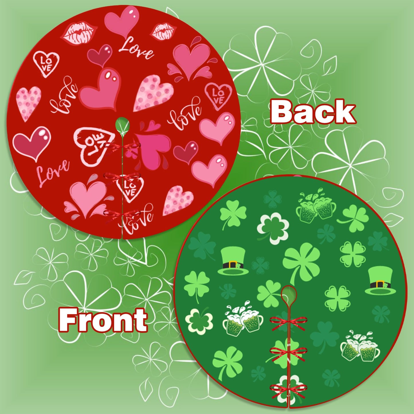 Sozize 36 Inch Valentine's Day Tree Skirt Love Heart Clover Double Sided Print Mat St. Patrick's Day Tree Skirt Christmas Tree Skirt for Holiday Party Decoration