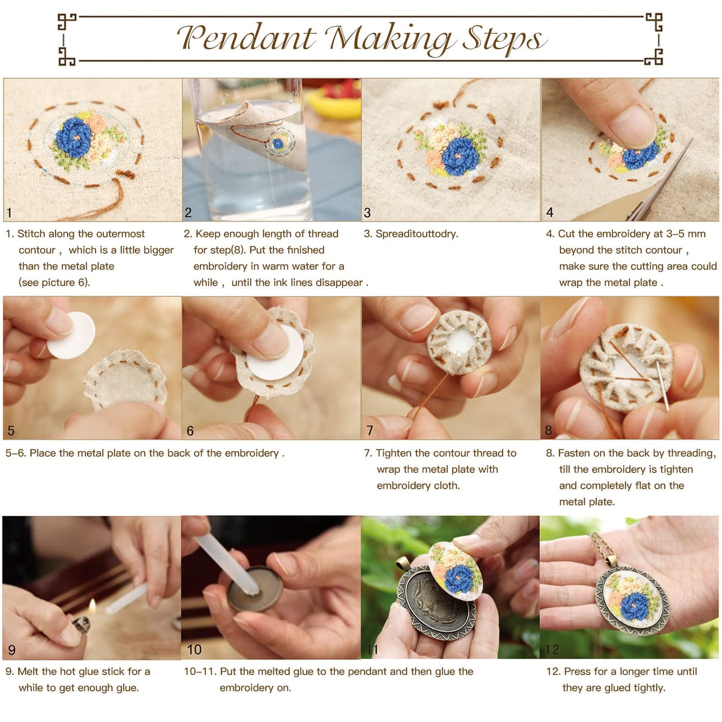 ZOCONE 3 Packs Embroidery Necklace Kit, Embroidery Pendant Kits Mini Cross Stitch Kit with Hoop, Necklace, Pendant, Beads, Stamped Pattern Cloth, Instructions, etc., Embroidery Kits for Adults