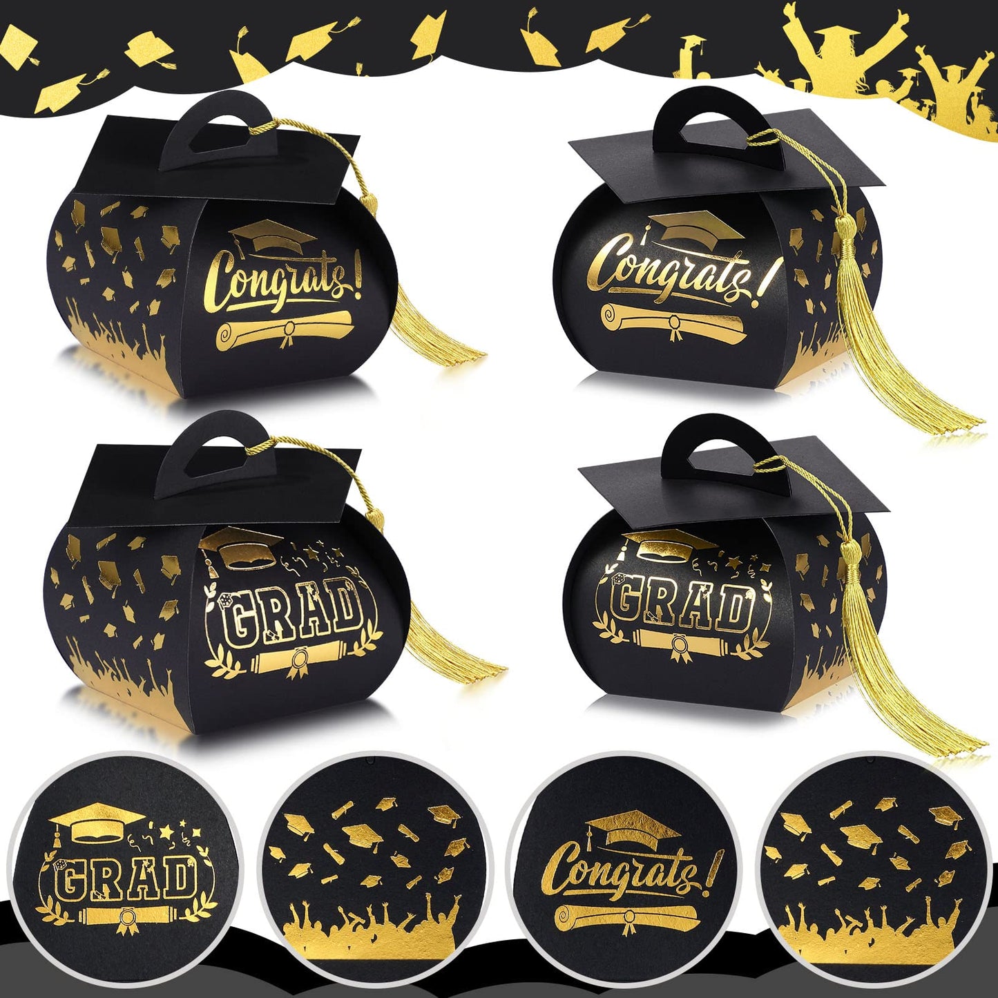 Spakon 30 Pcs Graduation Cap Gift Box Graduation Party Favors Candy Boxes Treat Box with Tassel Table Centerpieces Class of 2026 Grad Decorations(Black, Gold)