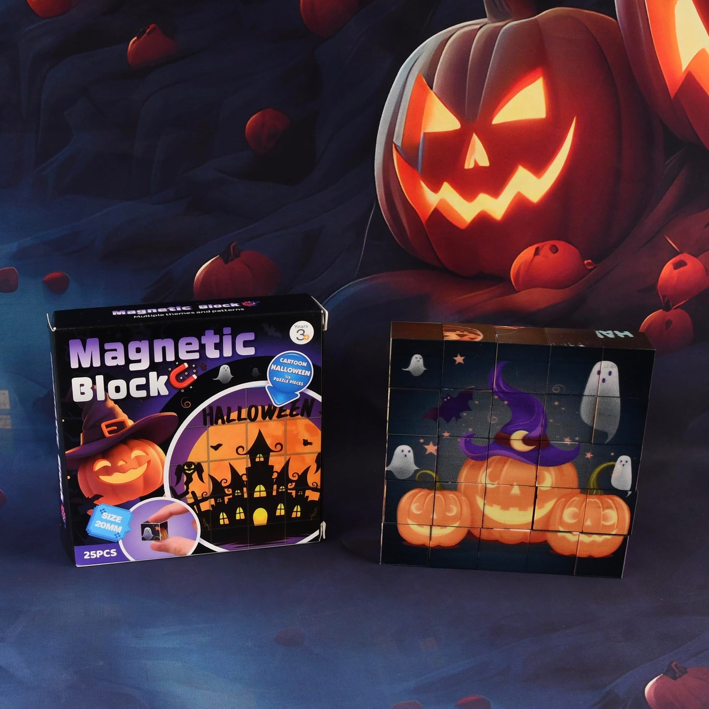 Magnetic Blocks Building Toy,Ritastar 25pcs Mine Stacking Magnet Build Cubes Cartoon Pattern World,STEM Sensory Construction Toys for Kids Gift,Educational Jigsaw Puzzle Set with 3D Halloween Designs