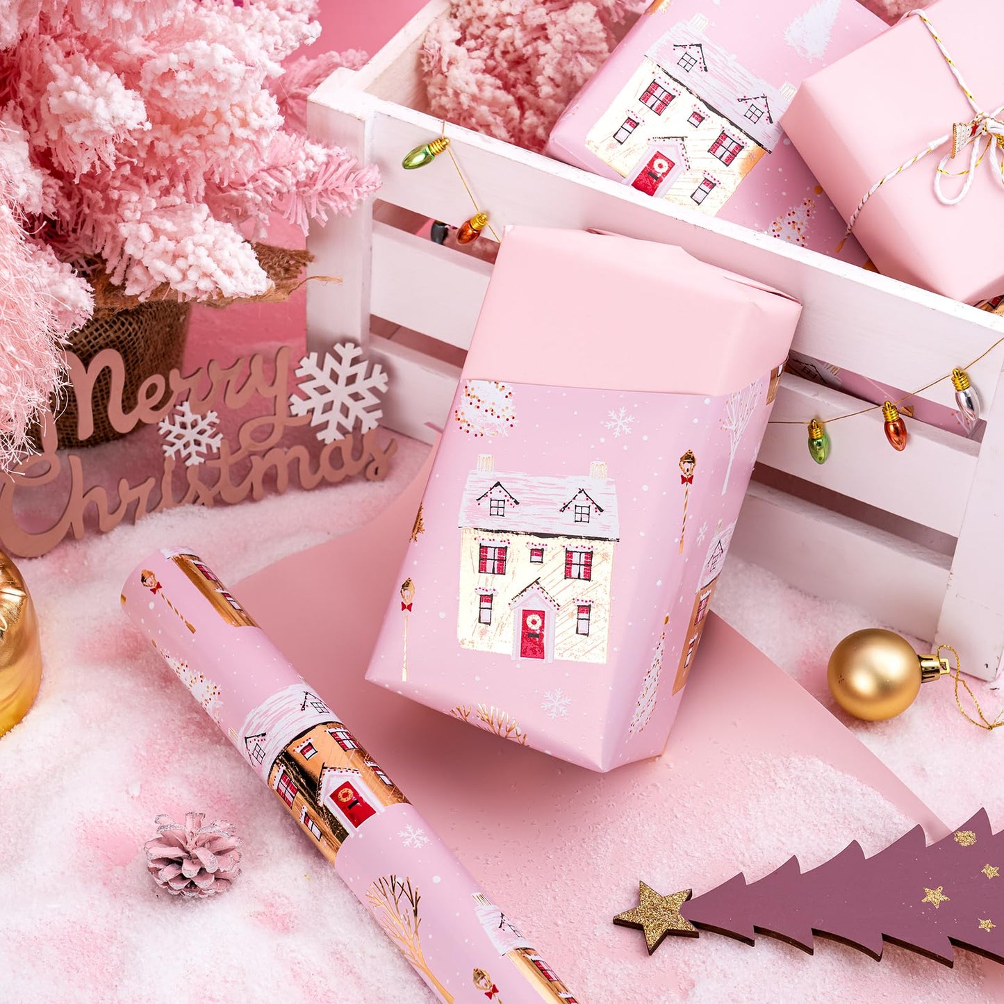 30 Inch Jumbo Reversible Christmas Wrapping Paper - 30 Inch x 33 Feet - Pink House and Solid Pink Wrapping Paper with Metallic Foil Shine for Chrsitmas, Holiday, Party