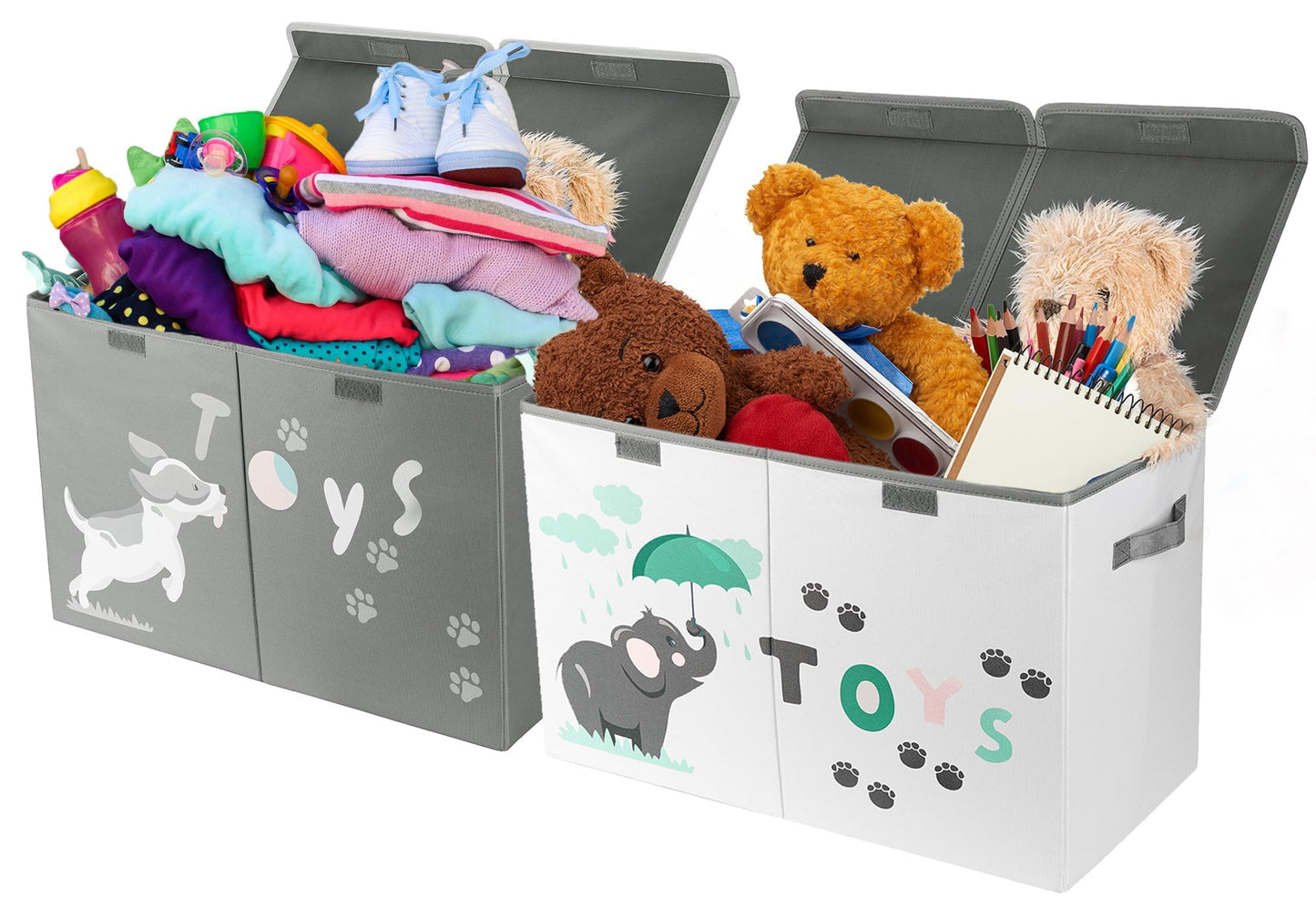 Hula Home Large Toy Box (2pc) - Lightweight Collapsible Sturdy Toy Storage Chest w/Flip-Top Lid & Handles (24.5" x 12" x 16") (Dog & Elephant)