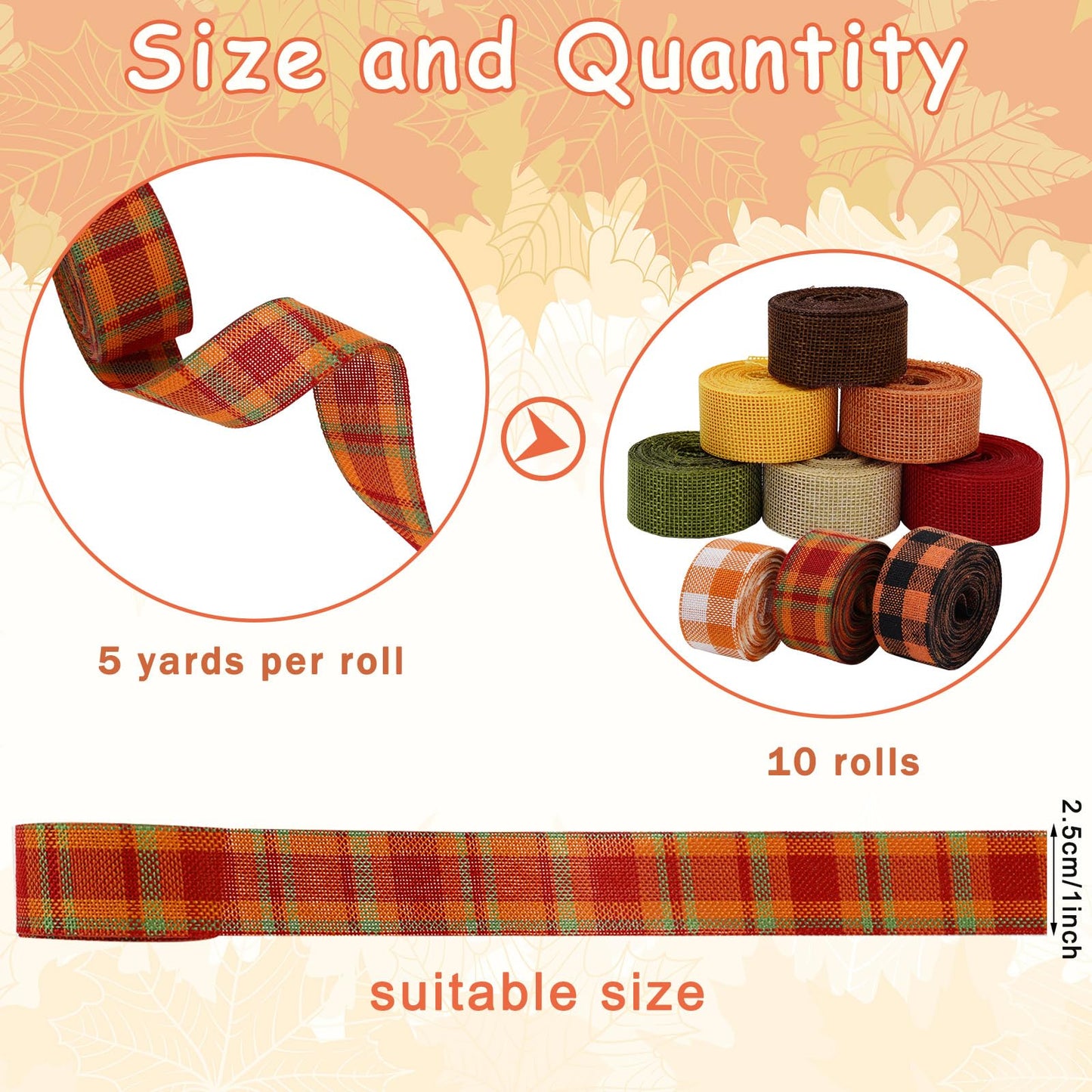 Whaline 10 Rolls 50 Yards Plaid Burlap Ribbon Rolls 1 Inch Fall Wrapping Ribbon Thanksgiving Ribbon Autumn Decorative Ribbon for Autumn Harvest Thanksgiving Wreath Decoration