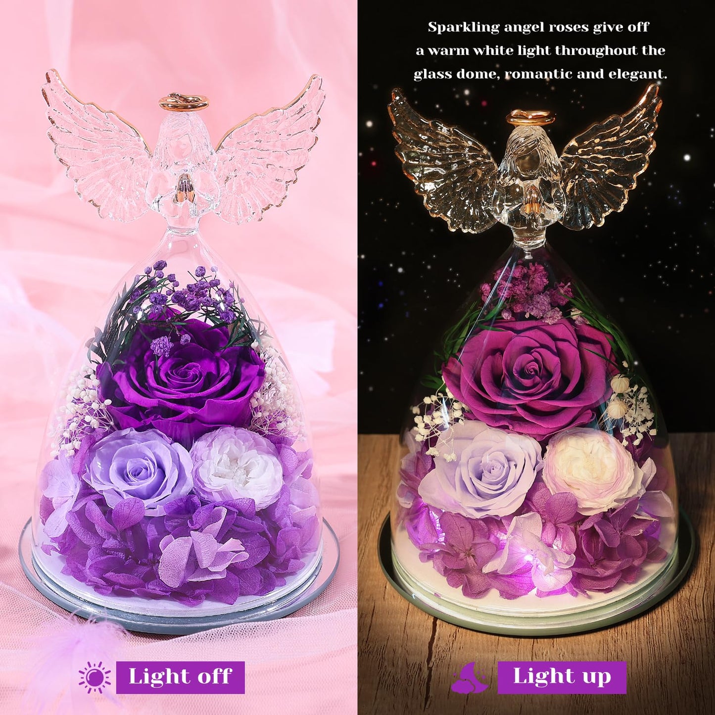 Gifts for Mom Women Birthday Preserved Rose in Glass Angel Figurine Forever Fresh Flower for Delivery, Mothers Day Flowers Gifts for Grandma Wife Daughter Friends