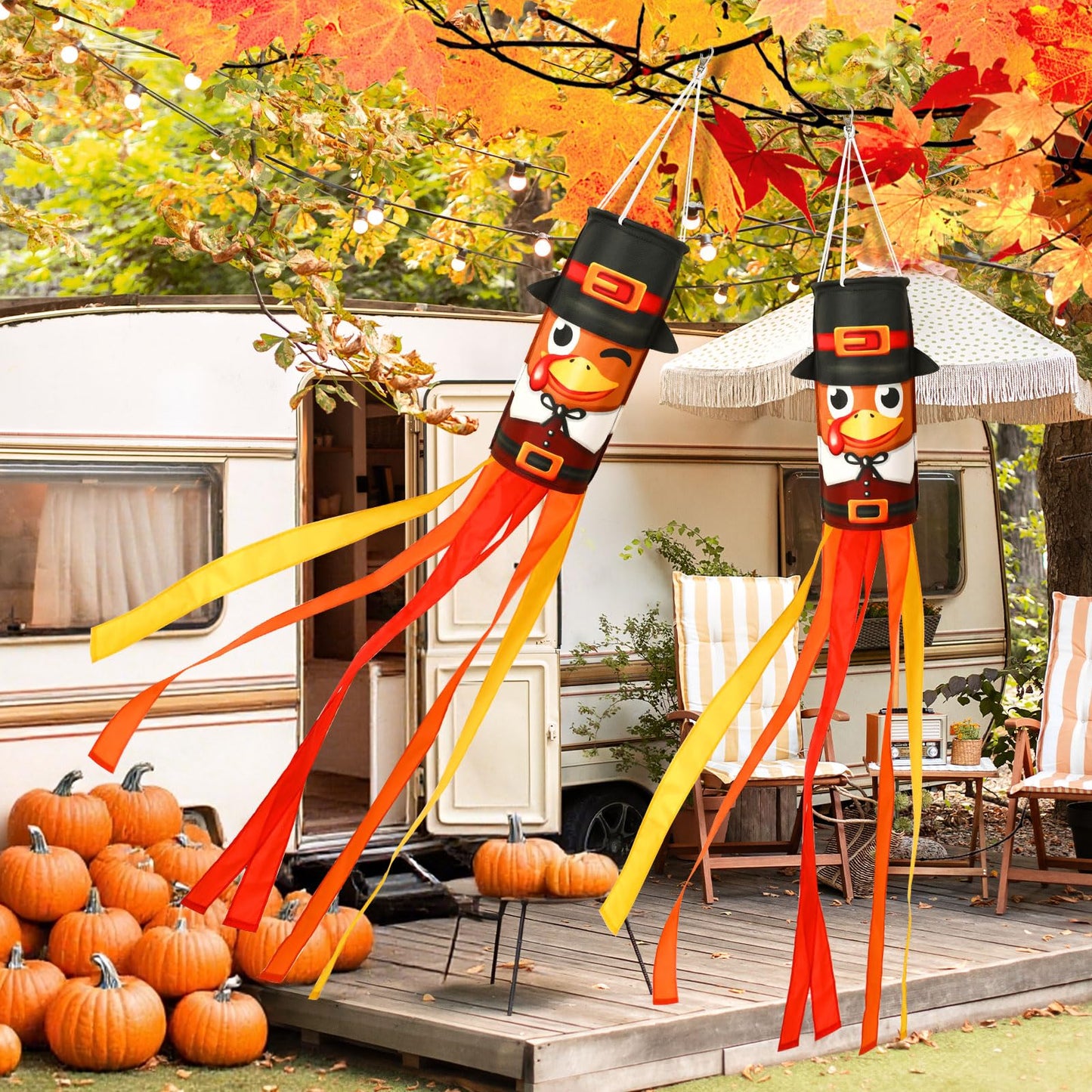 2 Pcs 40 Inch Turkey Windsocks, Fall Turkey Wind Sock Thanksgiving Outdoor Hanging Flag Autumn Outside Decorations for Garden Lawn Yard Balcony Patio Decor