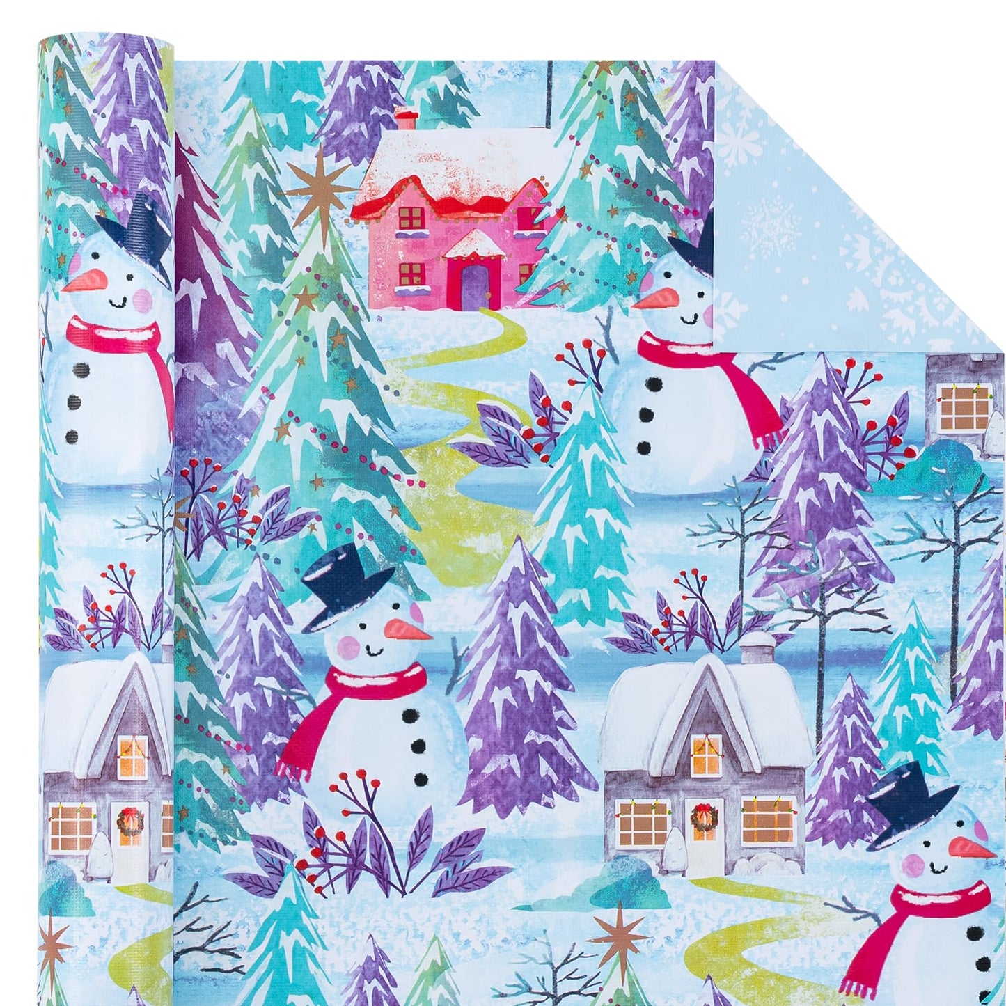 Reversible Christmas Wrapping Paper - Mini Roll - 17 Inch x 33 Feet - Snowman and Snowflake Wrapping Paper with Embossed for Christmas, Holiday, Party