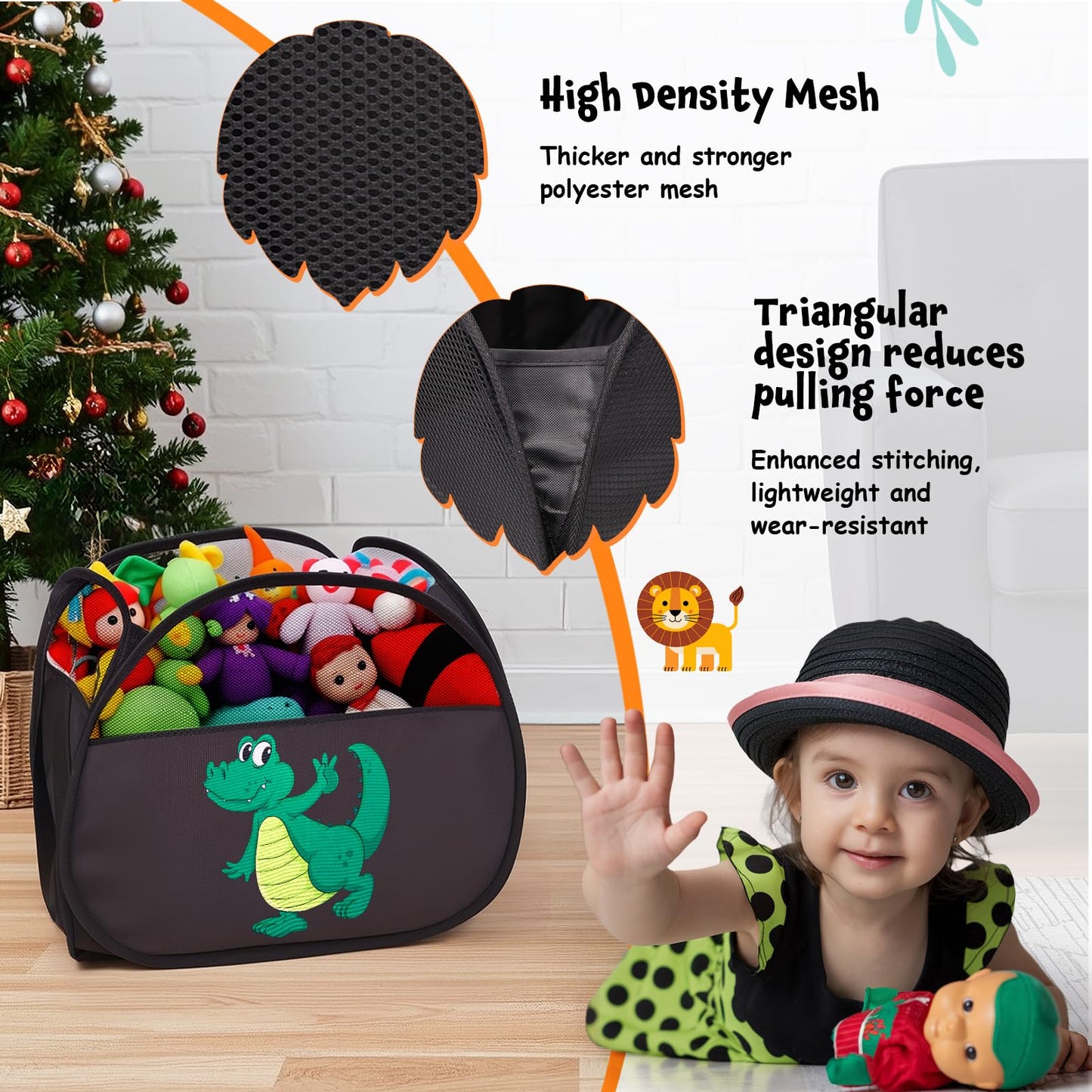 YOHOOLYO 95L Toy Storage Basket Box Chest for Boys Baby Toddler Kids, Collapsible Pop Up Large Mesh Toy Organizer Bin with Handles for Living Room Area, Playroom, Closet (Dinosaur&Lion)