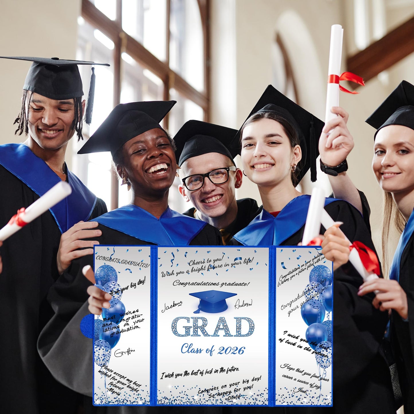 DARUNAXY Blue Silver Graduation Party Decorations, Blue Class of 2026 Congratulations Graduates Alternative Signature Guest Book for Men Happy Graduation Gifts Congrats Grad Party Signing Card Board
