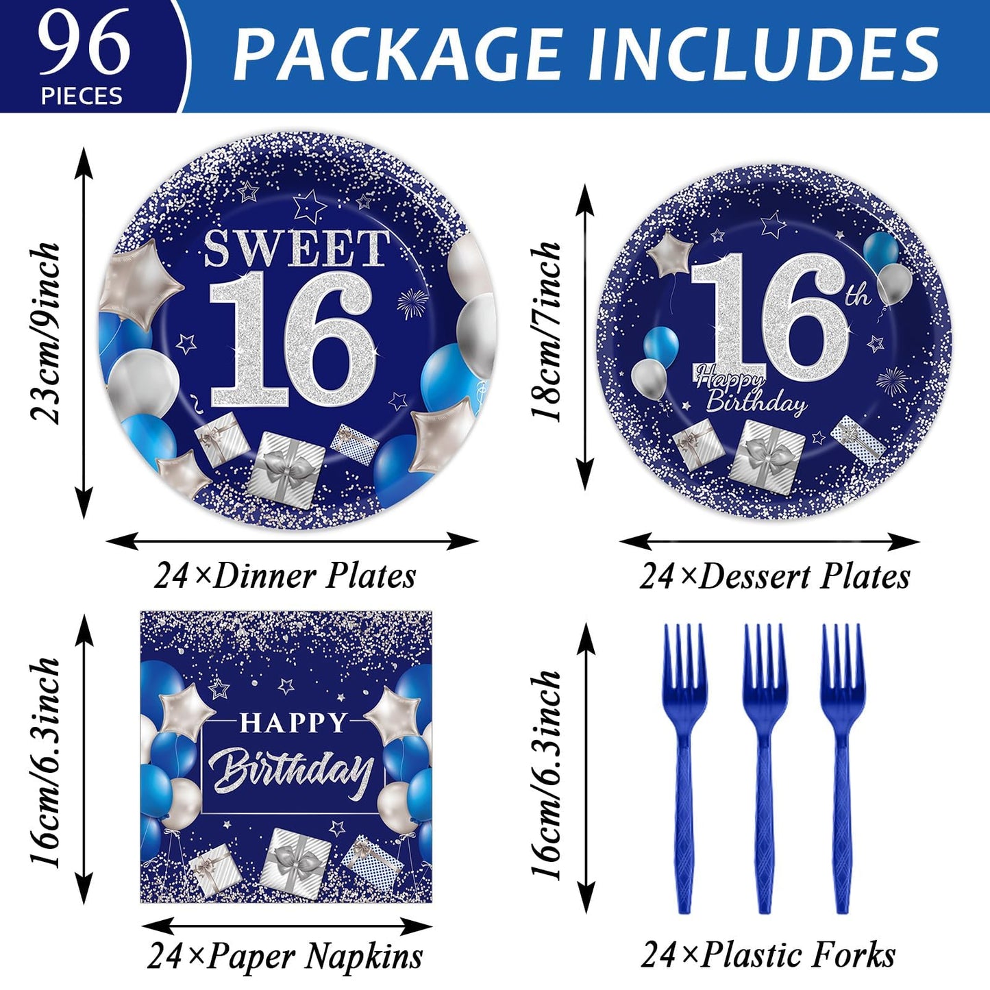 gisgfim 96Pcs 16th Birthday Plates and Napkins Party Supplies Sweet 16 Birthday Party Tableware Set Blue Silver 16th Birthday Decorations Favors for 16 Years Old Boys Girls for 24 Guests