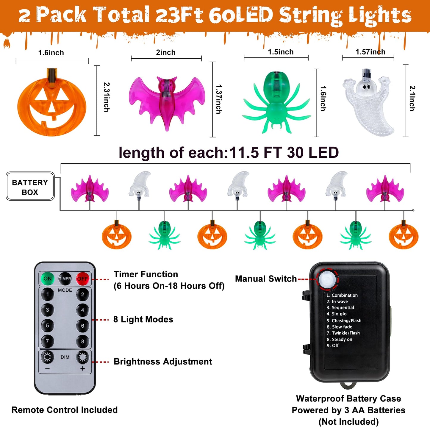 [Timer] 2 Pack Halloween Lights Total 23Ft 60 LED Pumpkin Bat Spider Ghost Halloween String Lights Battery Operated, 8 Modes Waterproof Indoor Outdoor Halloween Decorations Lights Home Window Decor