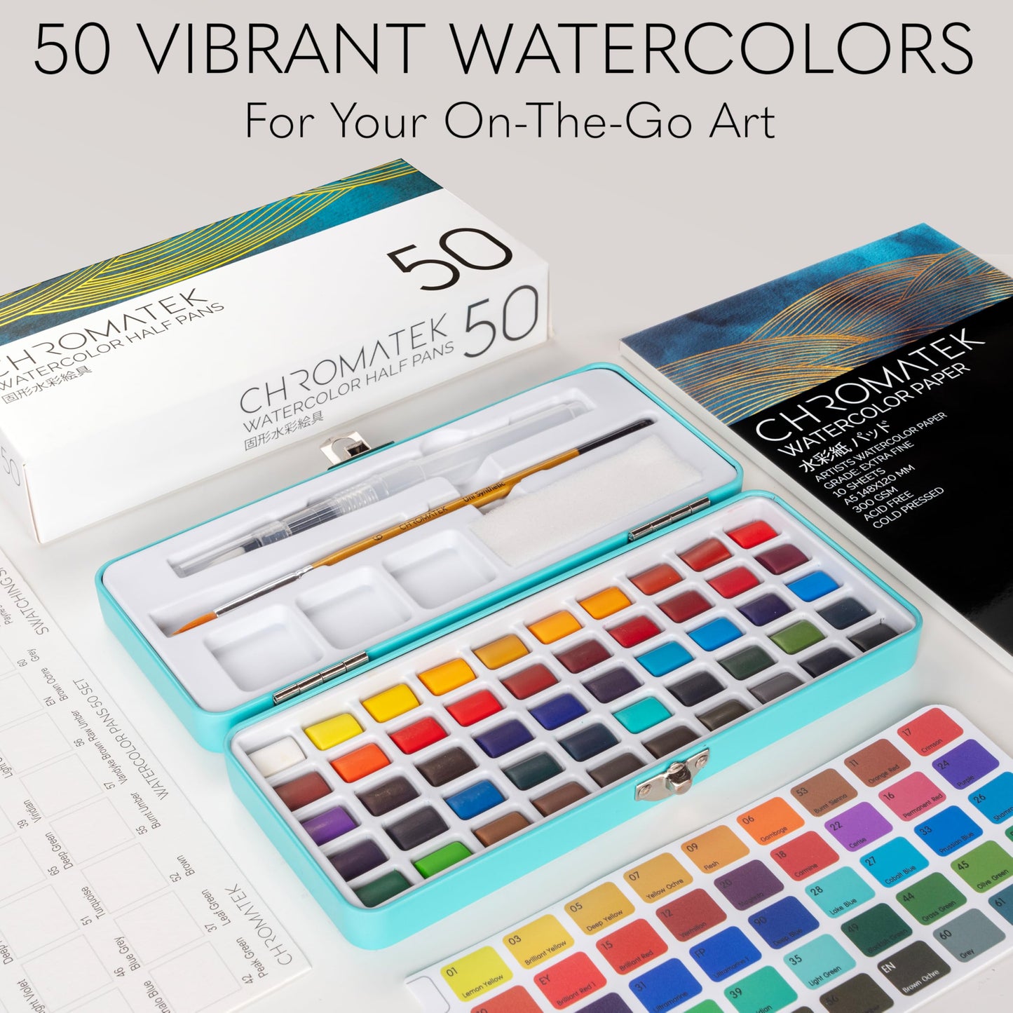 Watercolor Paint Set, 50 Vivid Colors, Water Color Paper Pad, Brush, Aqua Pen, Palette, Color Chart, Swatch Sheets & Metal Travel Case, Premium All-In-One Art Travel Kit Art Supplies
