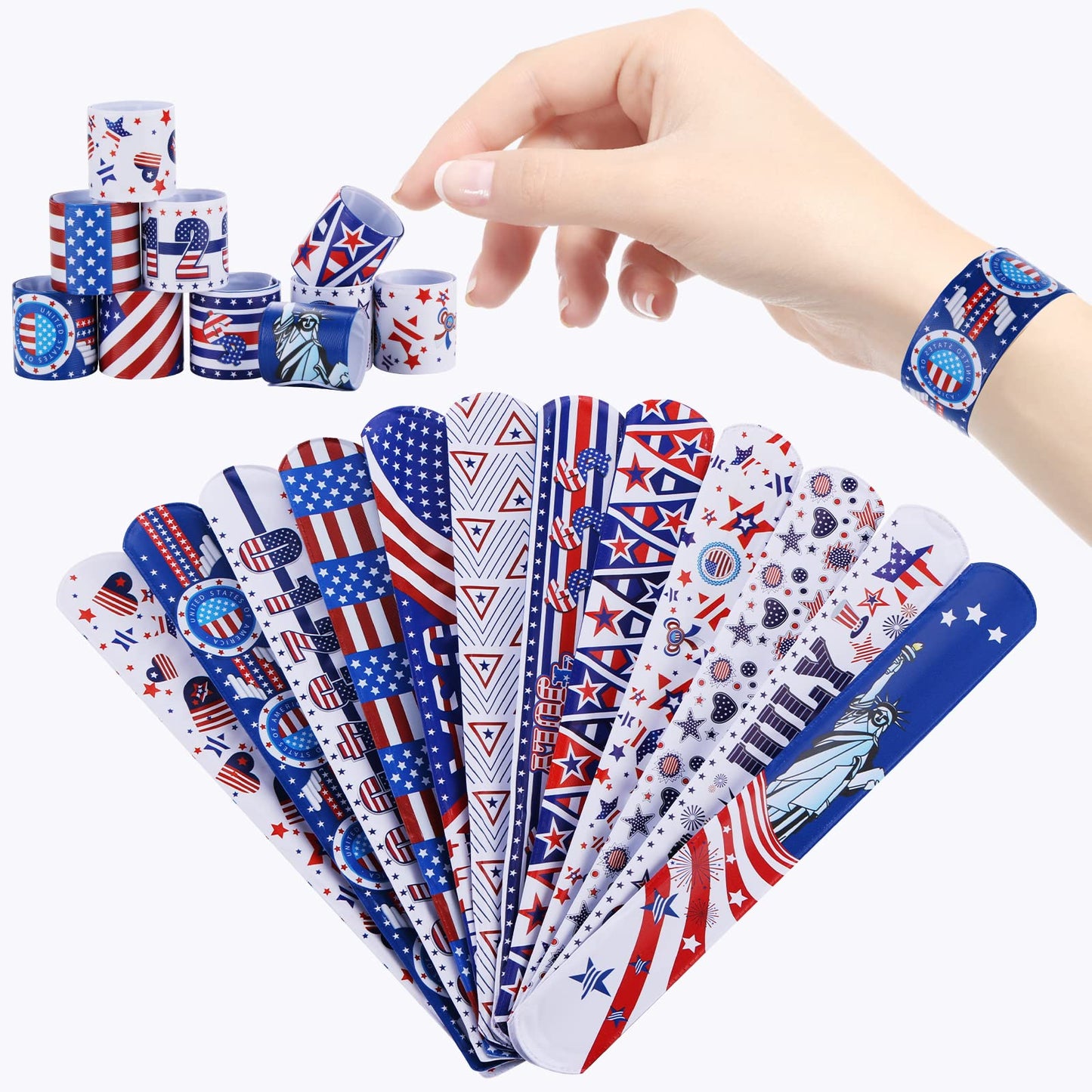 xutengy 48Pcs 4th of July Party Favors Patriotic Decorations American Flag Slap Bracelets Rubber Wristbands Red White and Blue Accessories for Independence Day