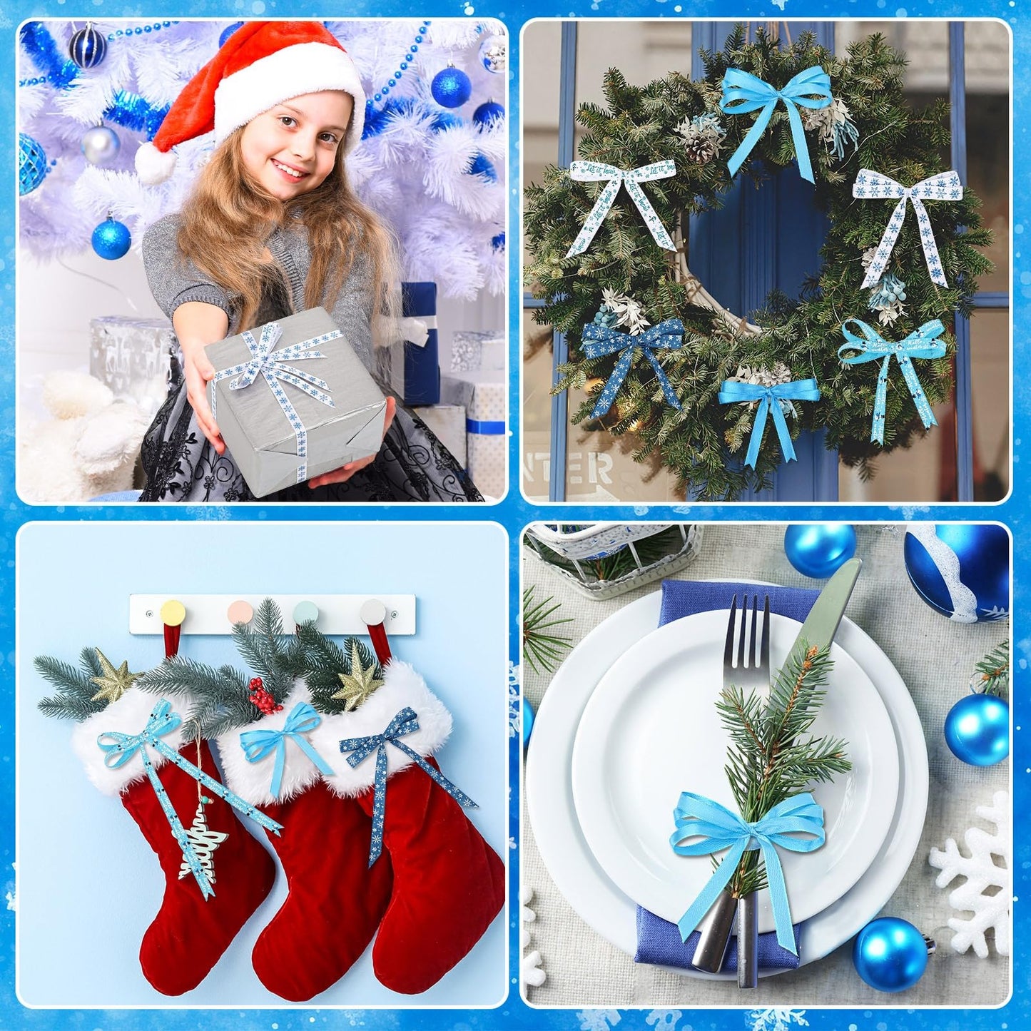 6 Rolls 60 Yards Winter Ribbons for Gift Wrapping, Holiday Xmas Grosgrain Ribbons 10mm Wide Blue White Snowflake Snowman Craft Ribbons for Christmas Tree Decoration Wreaths Bows Craft Supplies
