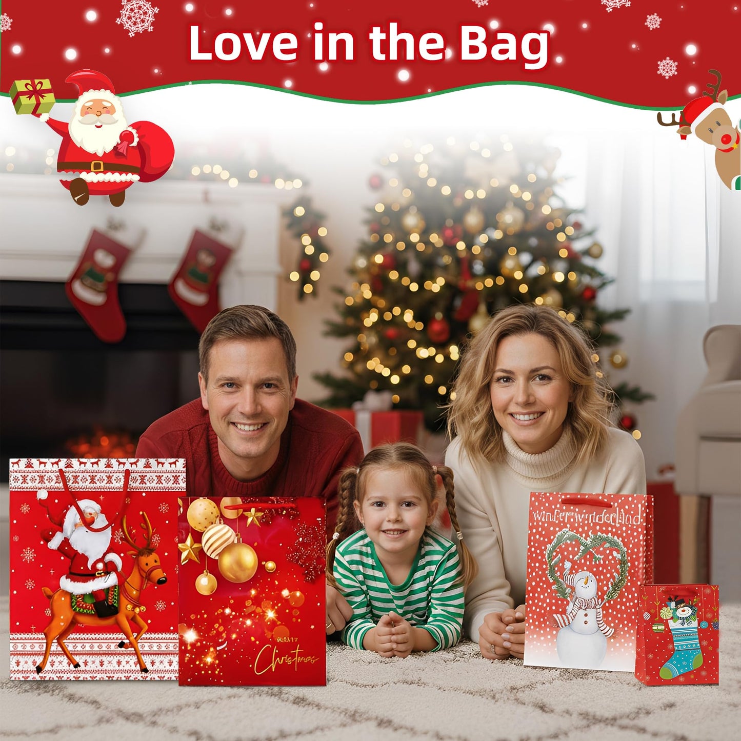 24 PCS Christmas Gift Bags Assorted Size, Featuring Snowman with Presents, Santa reindeer Socks Snowflake Holiday Designs – Perfect for Festive Wrapping Gifts, 6 X-Large, 6 Large, 6 Medium, 6 Small
