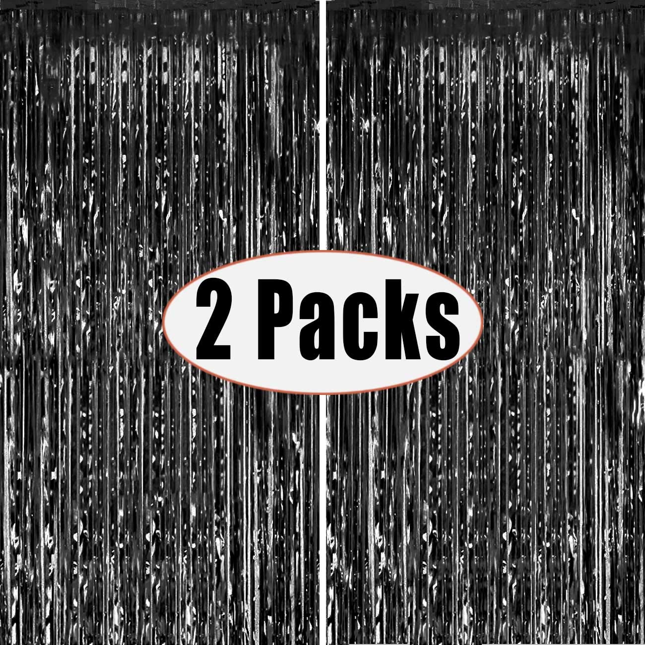 Fecedy 2pcs 3ft x 8.3ft Black Metallic Tinsel Foil Fringe Curtains Photo Booth Props for Birthday Wedding Engagement Bridal Shower Baby Shower Bachelorette Holiday Celebration Party Decorations