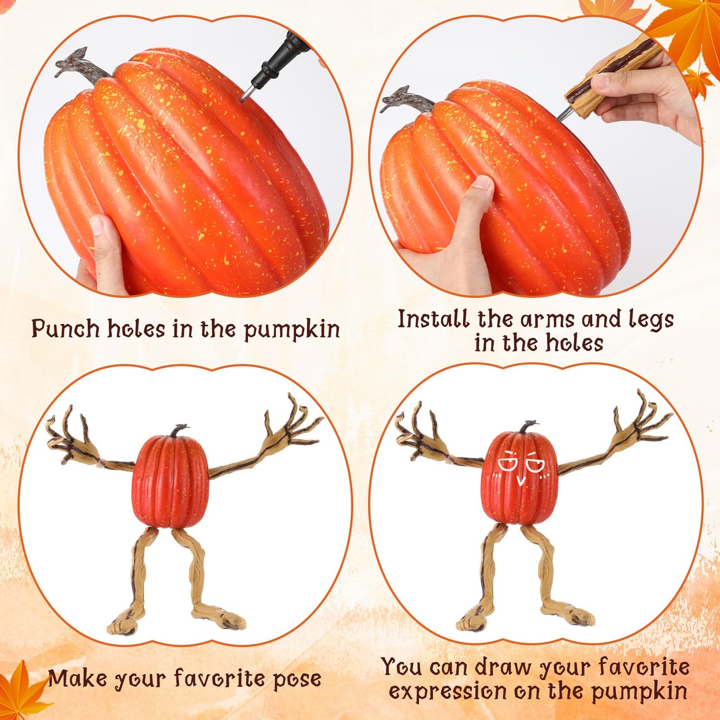 Arrowbash Set of 4 Bendable Pumpkin Arms and Legs Scary Outdoor Halloween Pumpkin Decor Spooky Vine Design Halloween Outdoor Decorations for Outside Porch Yard