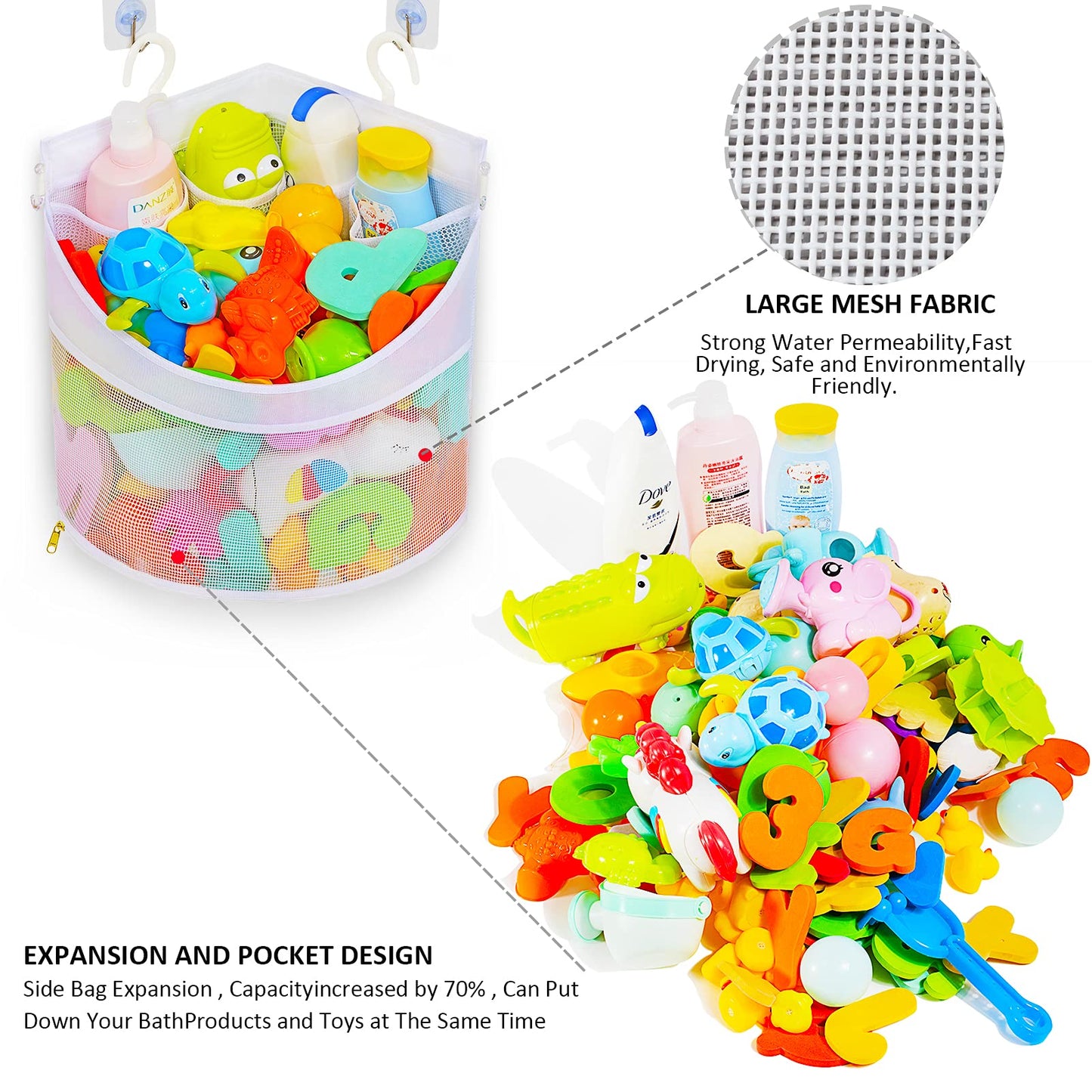 Baby Bath Toy Organizer, Quick Drying， and Mould Proof, Corner Hang-Suspension Bath Toy Holder, Large Capacity Multi Use bath toy storage（ White）