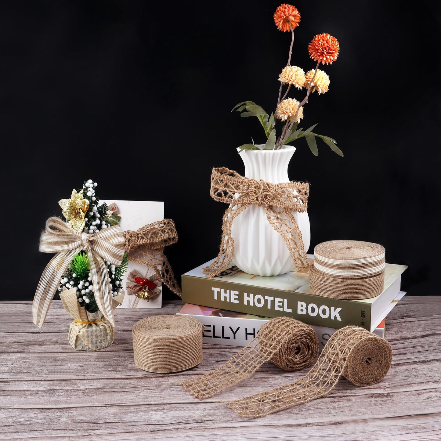 4 Rolls Burlap Ribbon Rustic Jute Mesh Ribbons for Crafts, Craft Ribbon Net Burlap Fabric Ribbon for Gift Wrapping Wedding Tree Wedding Christmas Halloween Decoration (Total Length: 10 Meters)