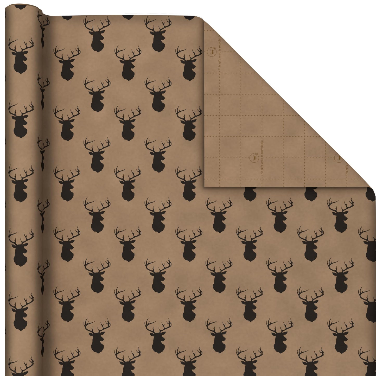 Recyclable Christmas Wrapping Paper for Kids with Cut Lines on Reverse (4 Rolls: 88 sq. ft. ttl) Kraft Brown with Christmas Lights, Deer, Snowflakes, Red, Green, Blue Stripes (0005JXW1212)