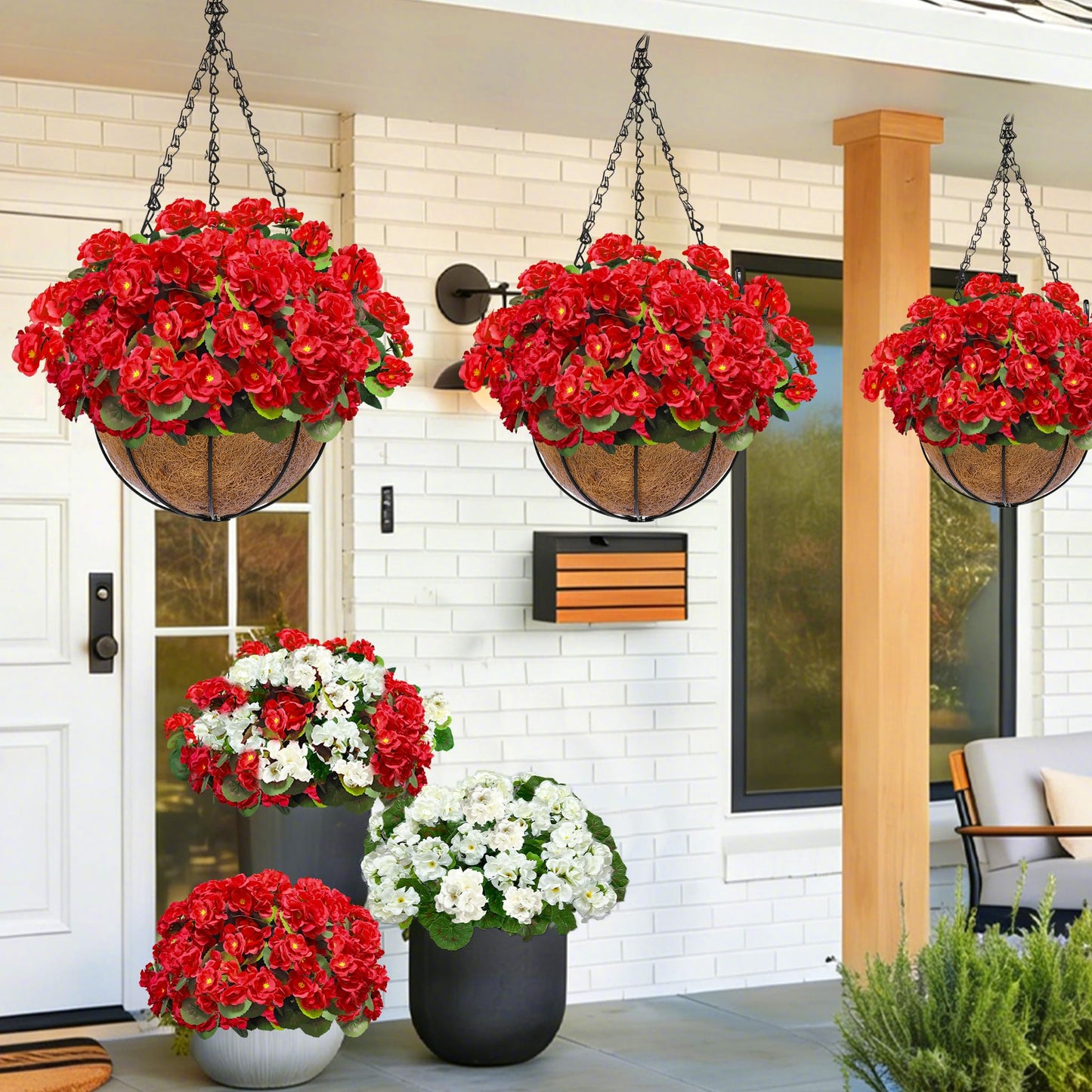 TURNMEON Artificial Geraniums Flowers for Outdoors Summer Derby Day Decoration, 4 Bundles Fake Flowers Silk Red Flowers UV Resistant No Fade Faux Plants for Gardens Planter Patio Indoor Cemetery Decor