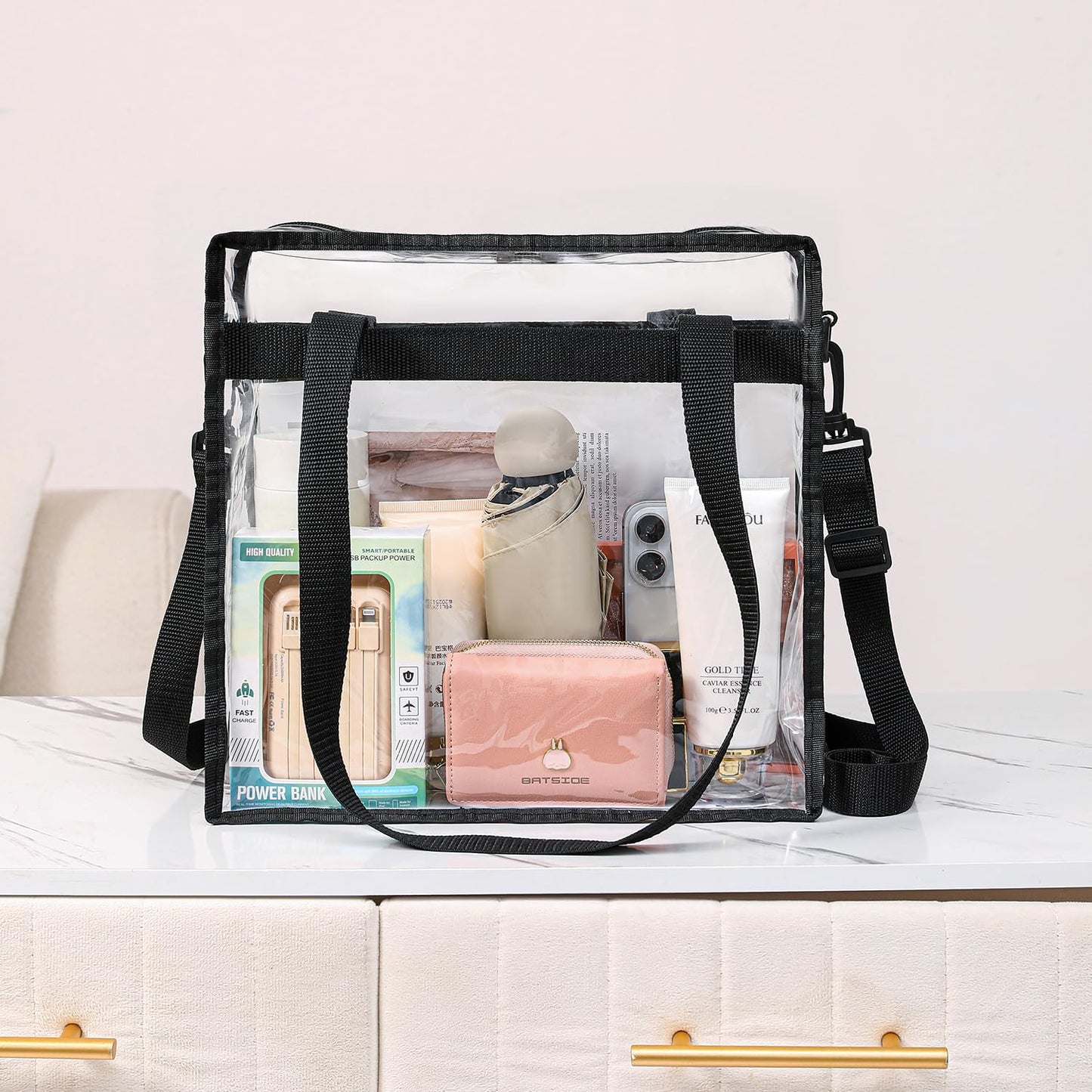 BAGAIL Clear bags Stadium Approved Clear Tote Bag with Zipper Closure Crossbody Messenger Shoulder Bag with Adjustable Strap(12 Inch X 12 Inch X 6 Inch,Black)