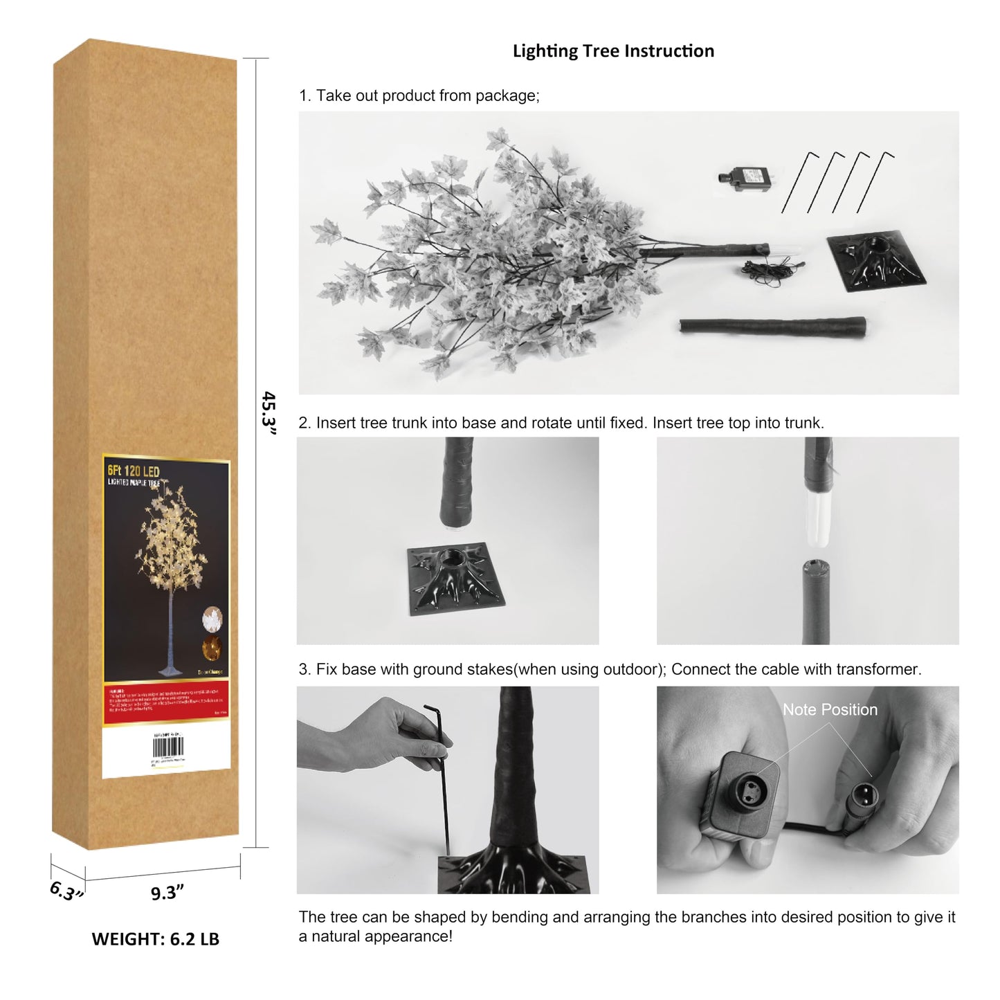 LIGHTSHARE 6 ft. Maple Tree - 120 LED Lights, Warm and Cold White, Mixed Colors, White Finish