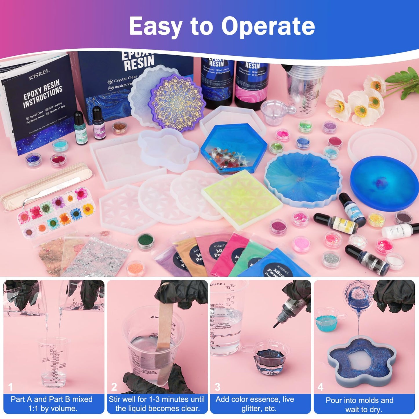 Epoxy Resin Kit for Beginners, 32oz Resin Kit with Coaster Molds, Complete Accessories Include Pigment, Mica Powders, Dried Flowers, Glitter, Measuring Cups and Other Resina Supplie