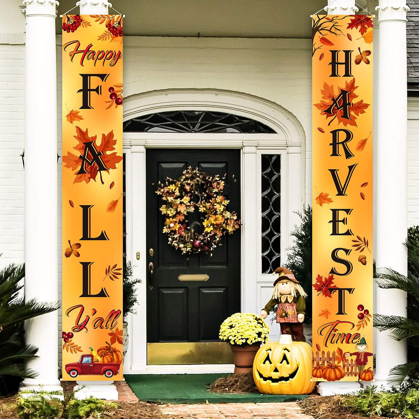 Fall Decoration Harvest Fall Porch Welcome Sign Banner Happy Fall Y'all Maple Autumn Sign Pumpkin Leaf for Fall Party Thanksgiving Party Decoration Maple Garden Yard Orange Leaves Wall Decor Backdrop