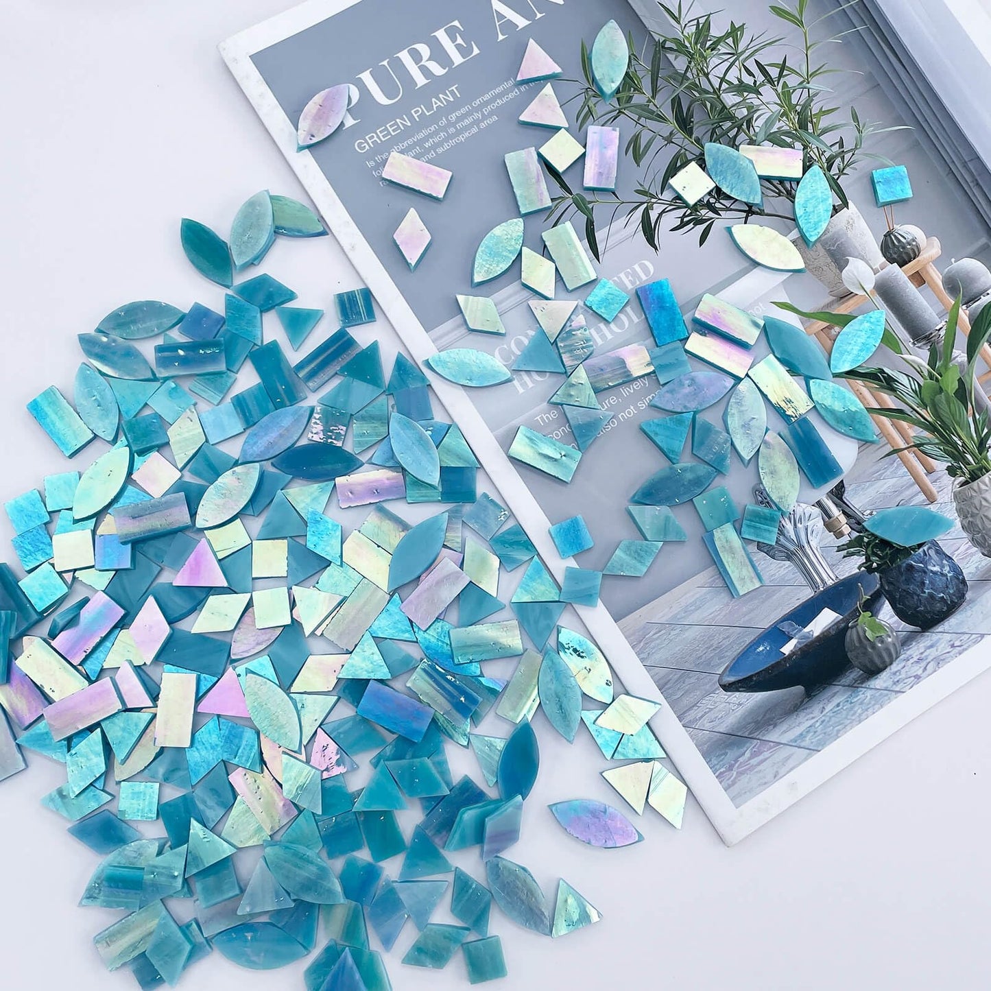 LITMIND Iridescent SkyBlue Stained Glass Mosaic Tiles for Crafts - 240 Pieces, 5 Shapes Mixed (Rectangle, Triangle, Rhombus, Square, Leaf) - Ideal for Mosaic Making Projects and Beginners