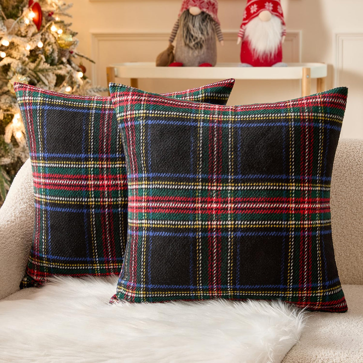 Christmas Plaid Decorative Pillow Covers Set of 2 18x18inch Black