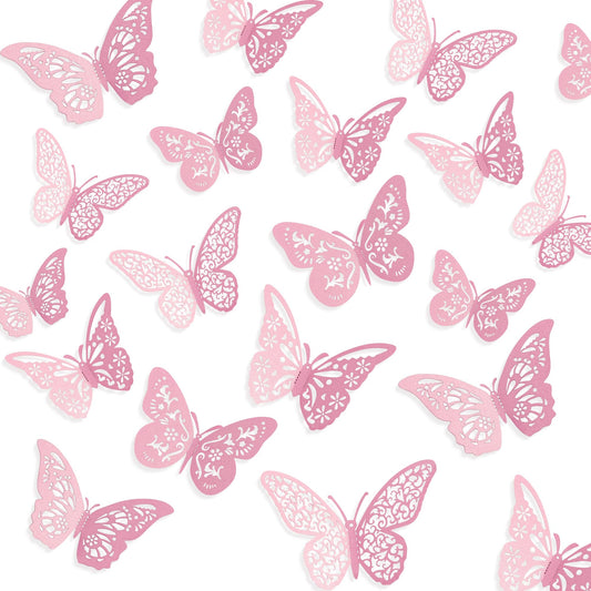 Crosize 48 Pcs Pink Butterfly Decorations, 4 Styles 3 Sizes, Butterfly Wall Decor, 3D Butterfly Party Decorations, Butterflies for Crafts, Bouquet, Cake Decorating, Flower Arrangements, Room Décor