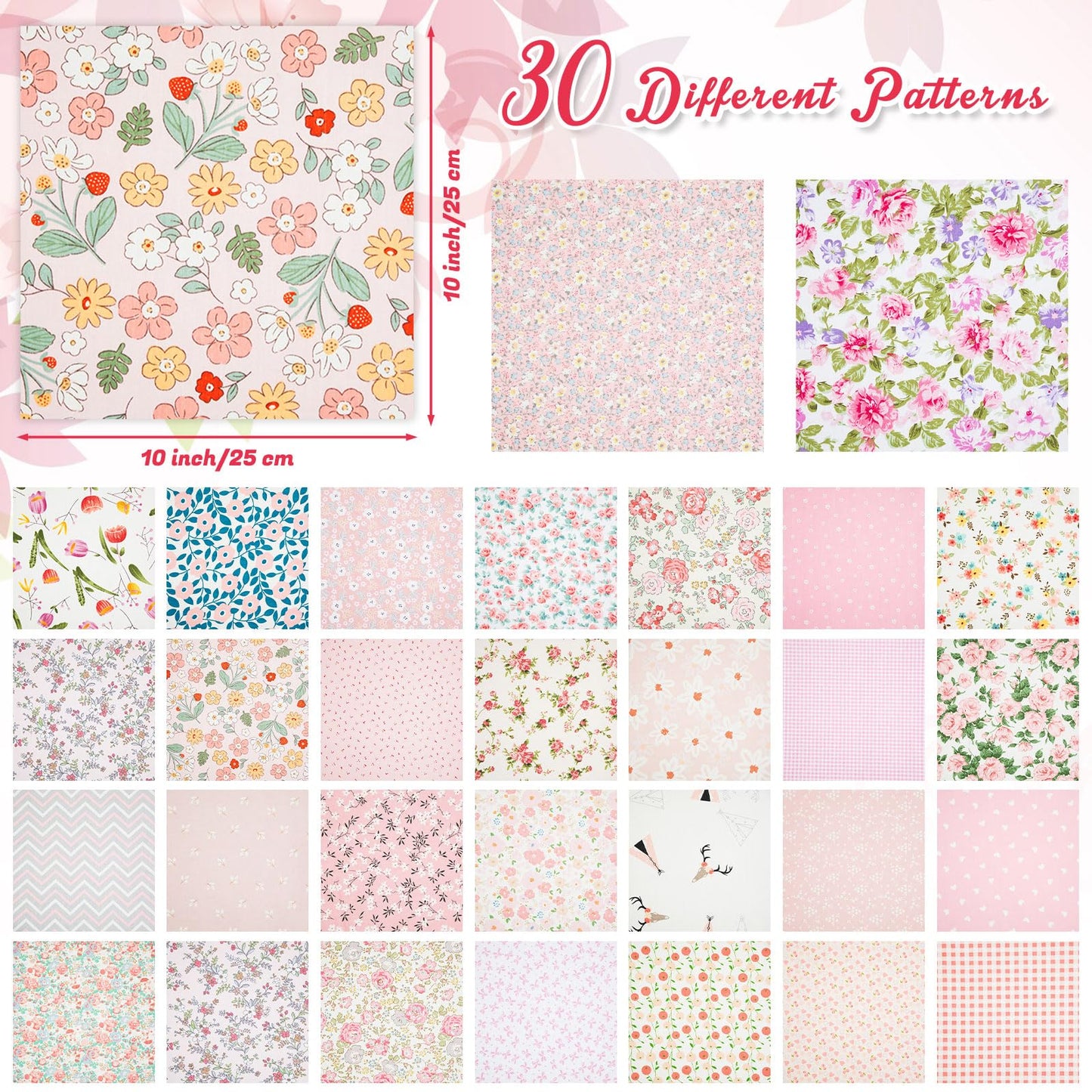 Tatuo 30 Pcs 10 x 10 Inches Pink Floral Cotton Fabric Bundle Squares Patchwork Floral Fabric Sewing Quilting Bundles Assorted Pattern Cloth for DIY Scrapbook Craft Making