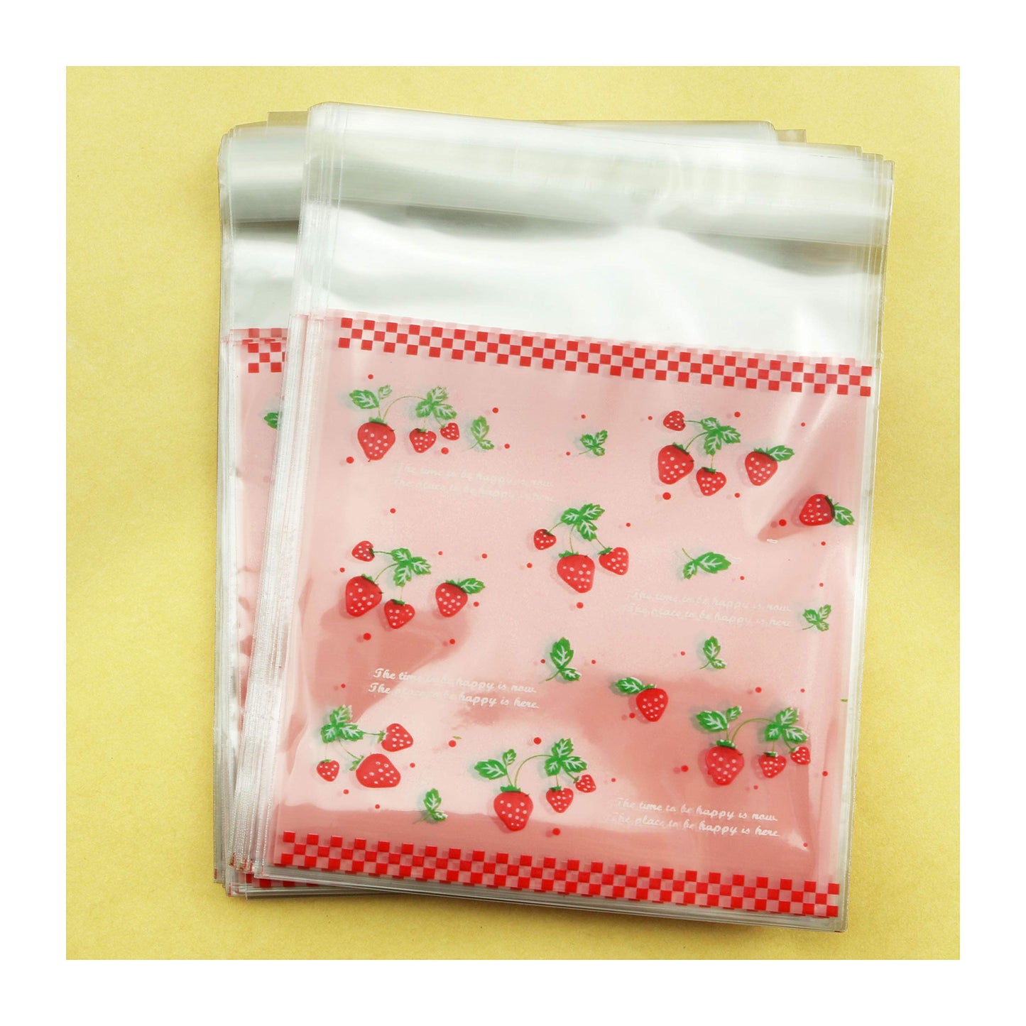 Tegg Cookies Bags 200PCS Self Adhesive Lovely Strawberry Plastic Cookies Pastries Candy Lolly Gift Bag For Birthday Party Wedding Party Halloween Christmas Day 3.9x3.9Inch