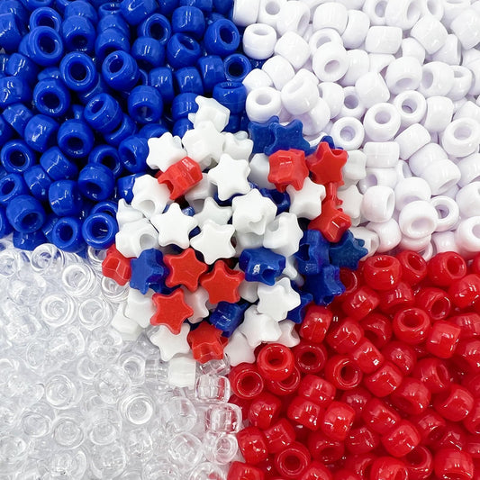 MIIIM 1000PCS 6x9mm Patriotic Pony Beads Bulk, 7 Styles Red White and Blue Kandi Beads for Bracelets Making Kit, Hair Braids Crafts for Jewelry Making (4th of July)