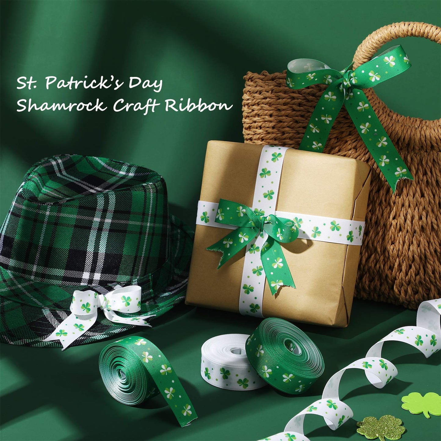 4 Rolls 40 Yards Shamrock Grosgrain Ribbon Irish Clover Pattern Fabric Ribbon 7/8 Inch Holiday Polyester Grosgrain Craft Ribbon for St. Patrick's Day Festival Decor Bows Wreath Lanyards Wrapping