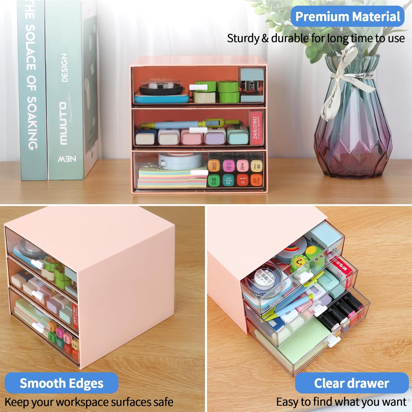 LETURE Desk Organizer with 4 Drawers, Clear Plastic Desk Storage Box, Desktop Organization for Office Supplies, Gel Pens, Pencils, Markers, Tape, Erasers, Paperclips, Chargers (Pink w 3Draws)