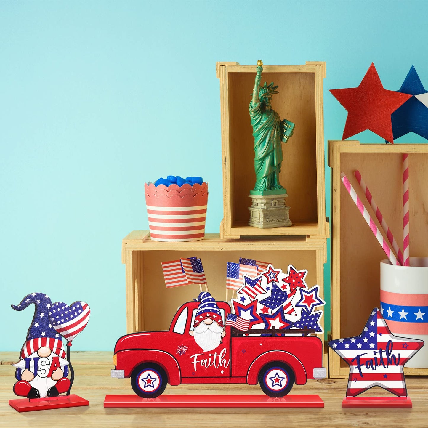 Qunclay 6 Pieces Patriotic Table Decor Memorial Day Table Decorations Wooden Gnome Freedom Truck Star 4th of July Table Signs for Veterans Day Independence Day Table Topper Decor Supplies (With Base)