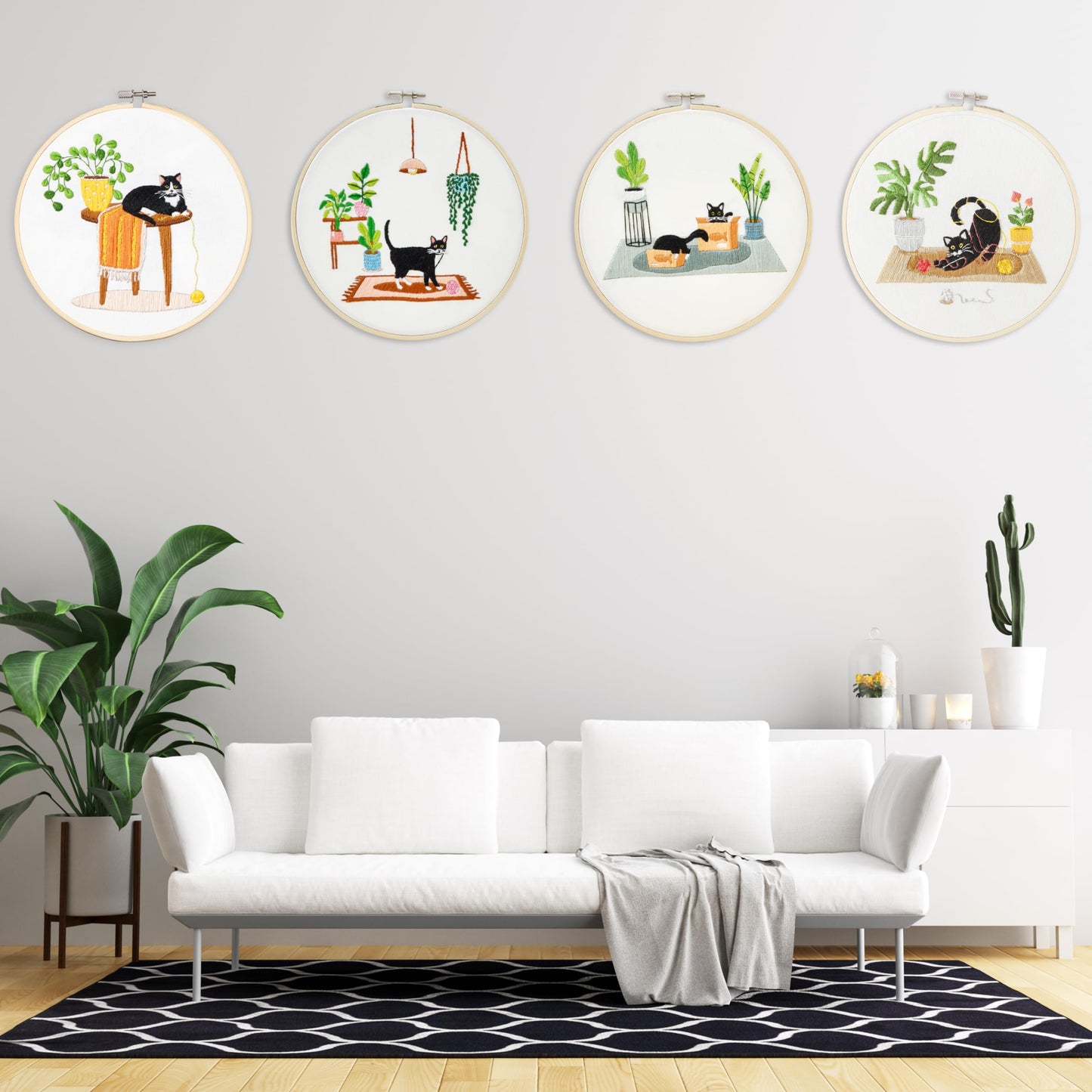 4 Sets Embroidery Set for Beginners, Art Craft, Easy Sewing, Includes Embroidery Clothing, Pattern, Embroidery Hoop, Instruction Manual, Colorful Thread Stitch Set (Cat)
