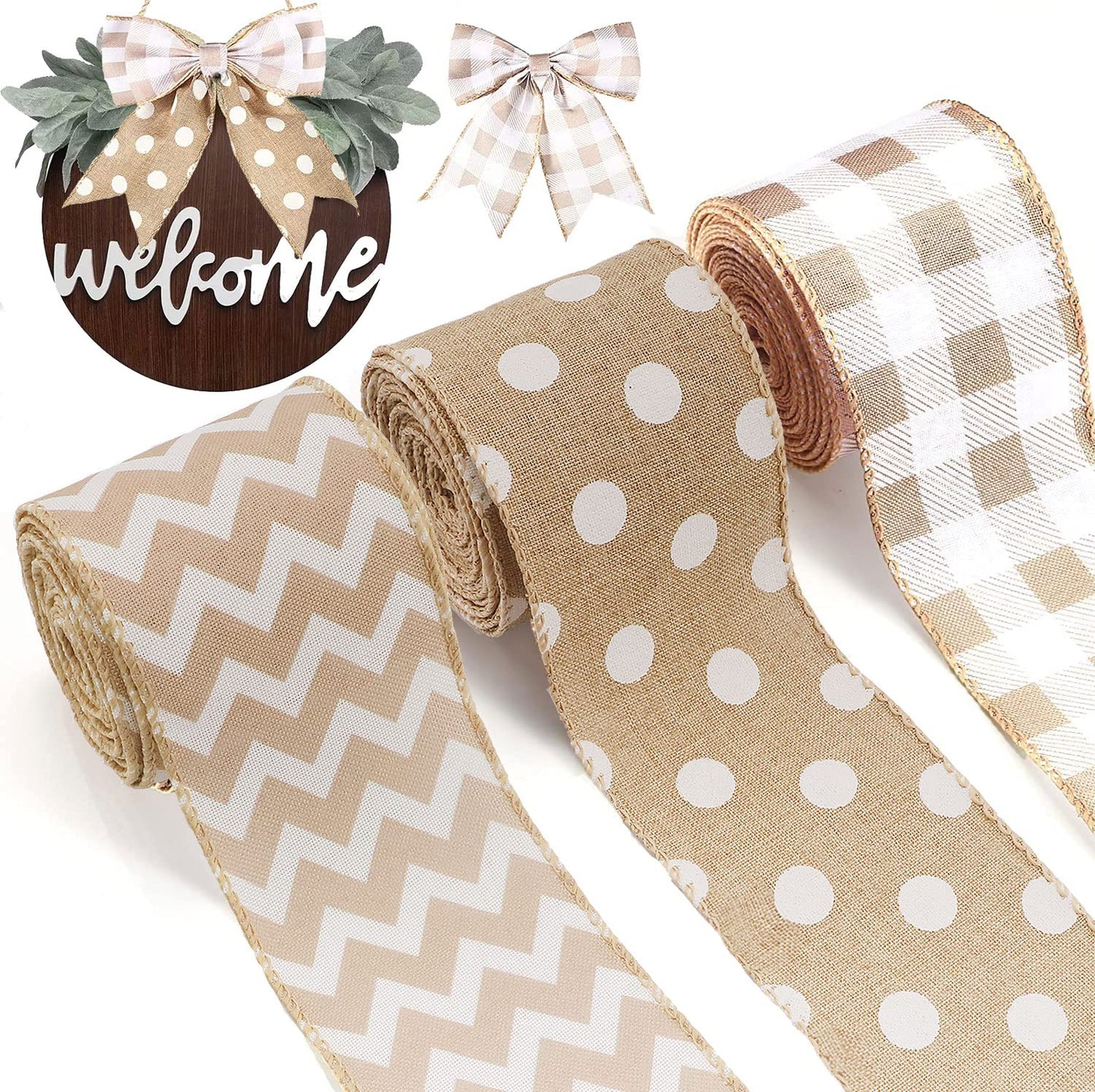 3 Rolls Burlap Wired Ribbons 15 Yards Stripe Dot Buffalo Plaid Pattern Wrapping Gingham Grosgrain Ribbon for DIY Crafts Party Home Decoration, 2.5 Inch x 15 Yards